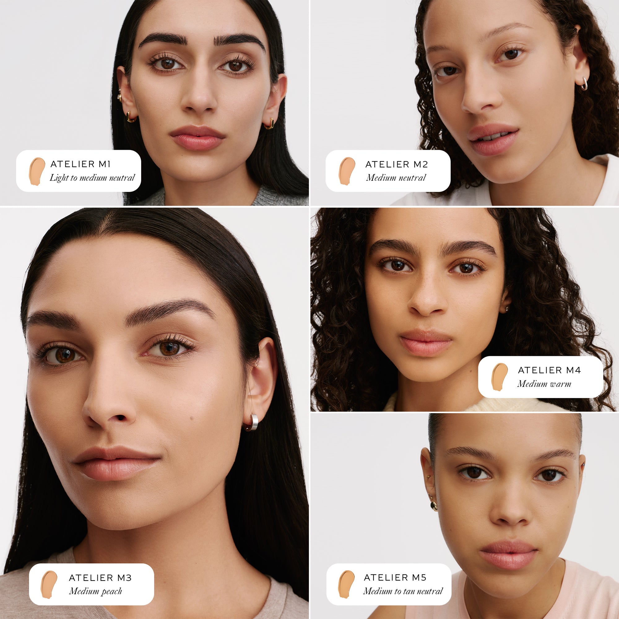 A comparison grid showing five different faces with slight variations in skin tone, each wearing a different WESTMAN ATELIER Suprême Bio-Complex Liquid Foundation in a fair shade, ranging from Atelier M1 to Atelier M5