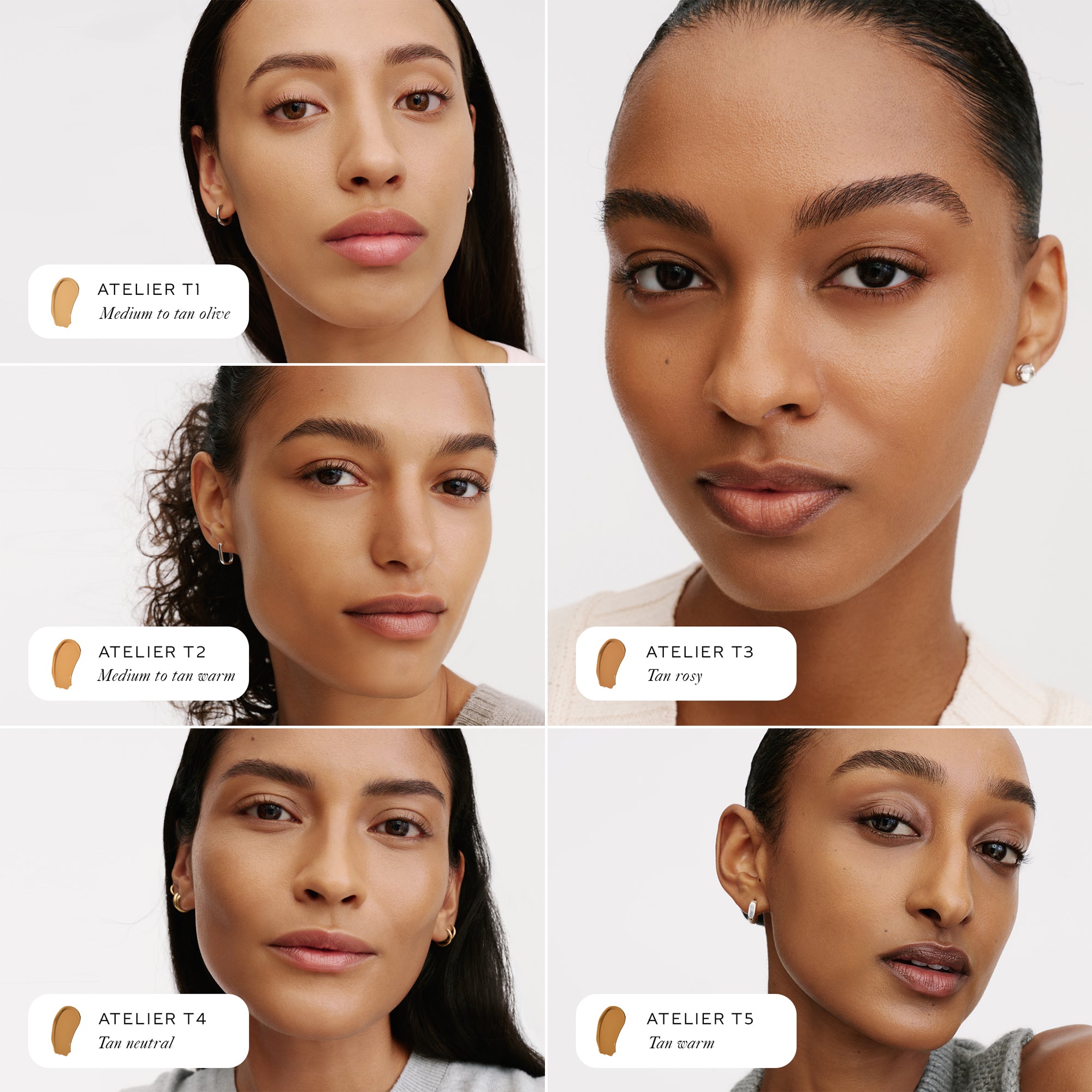 A comparison grid showing five different faces with slight variations in skin tone, each wearing a different WESTMAN ATELIER Suprême Bio-Complex Liquid Foundation in a fair shade, ranging from Atelier T1 to Atelier T5