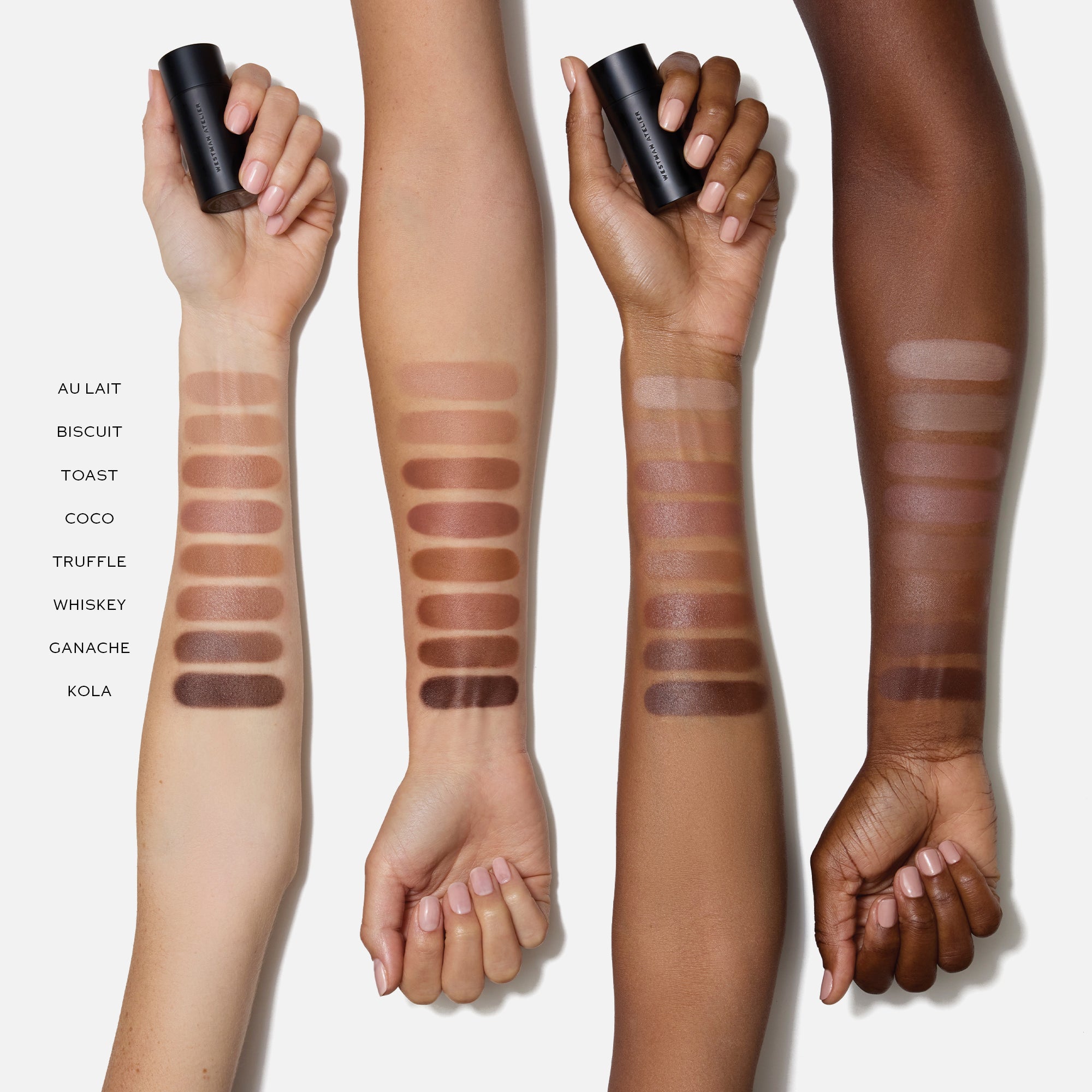 WESTMAN ATELIER Face Trace Contour Stick Swatches on four arms