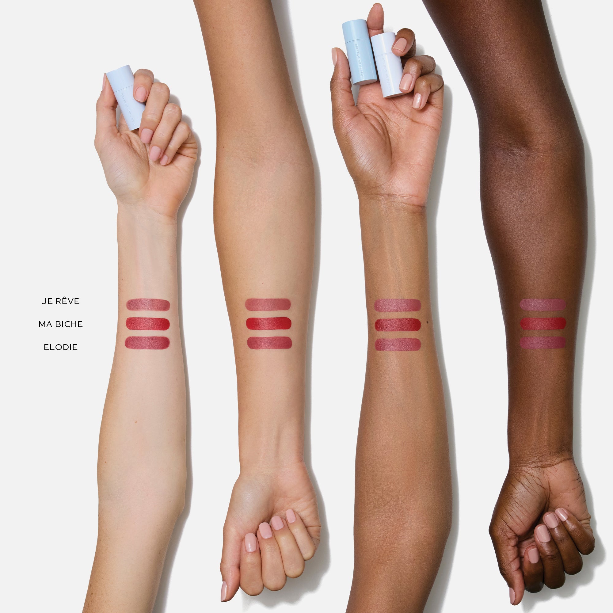 WESTMAN ATELIER Petite Lip Suede Matte Lipstick Trio arm swatches