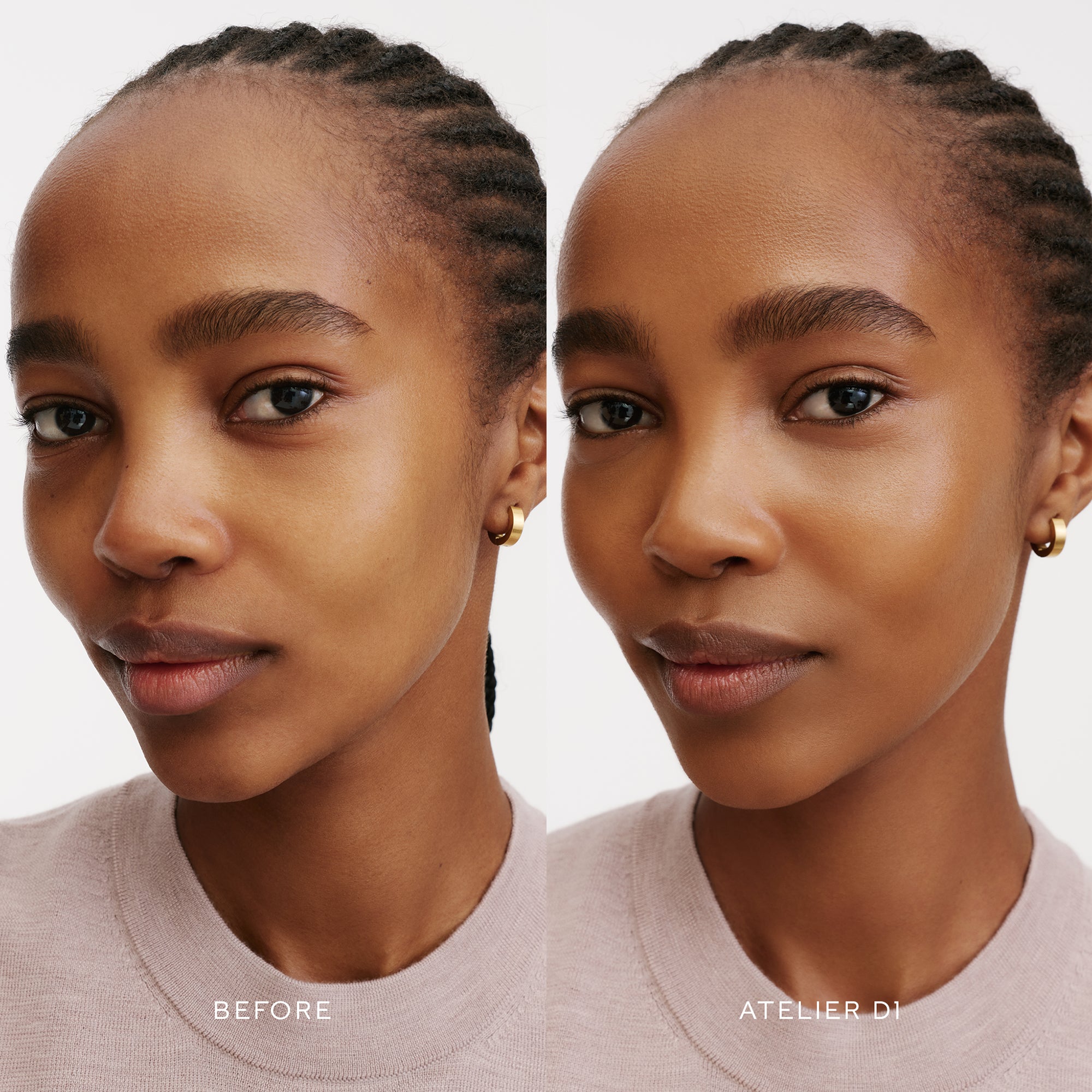 Before & After of a Model wearing the WESTMAN ATELIER Suprême Bio-Complex Liquid Foundation in the shade D1