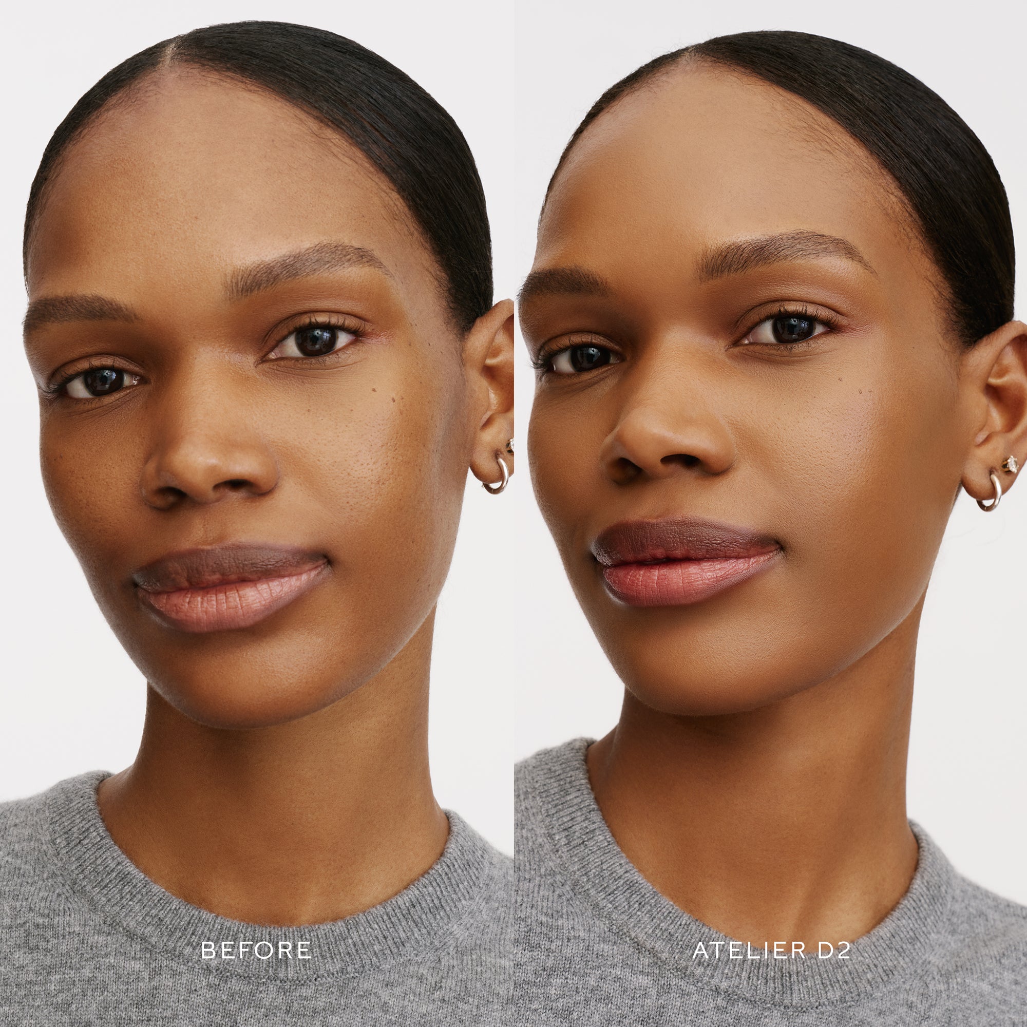 Before & After of a Model wearing the WESTMAN ATELIER Suprême Bio-Complex Liquid Foundation in the shade D2