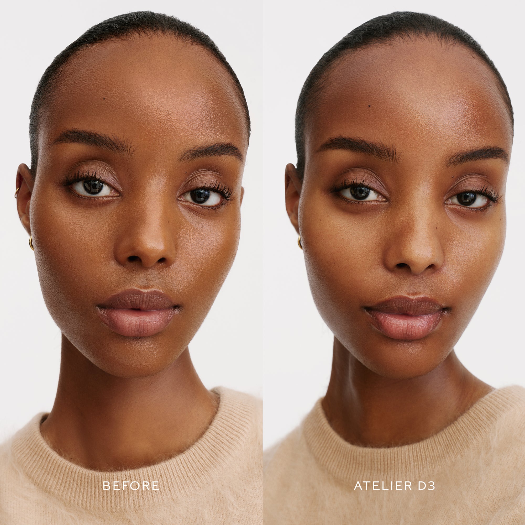 Before & After of a Model wearing the WESTMAN ATELIER Suprême Bio-Complex Liquid Foundation in the shade D3