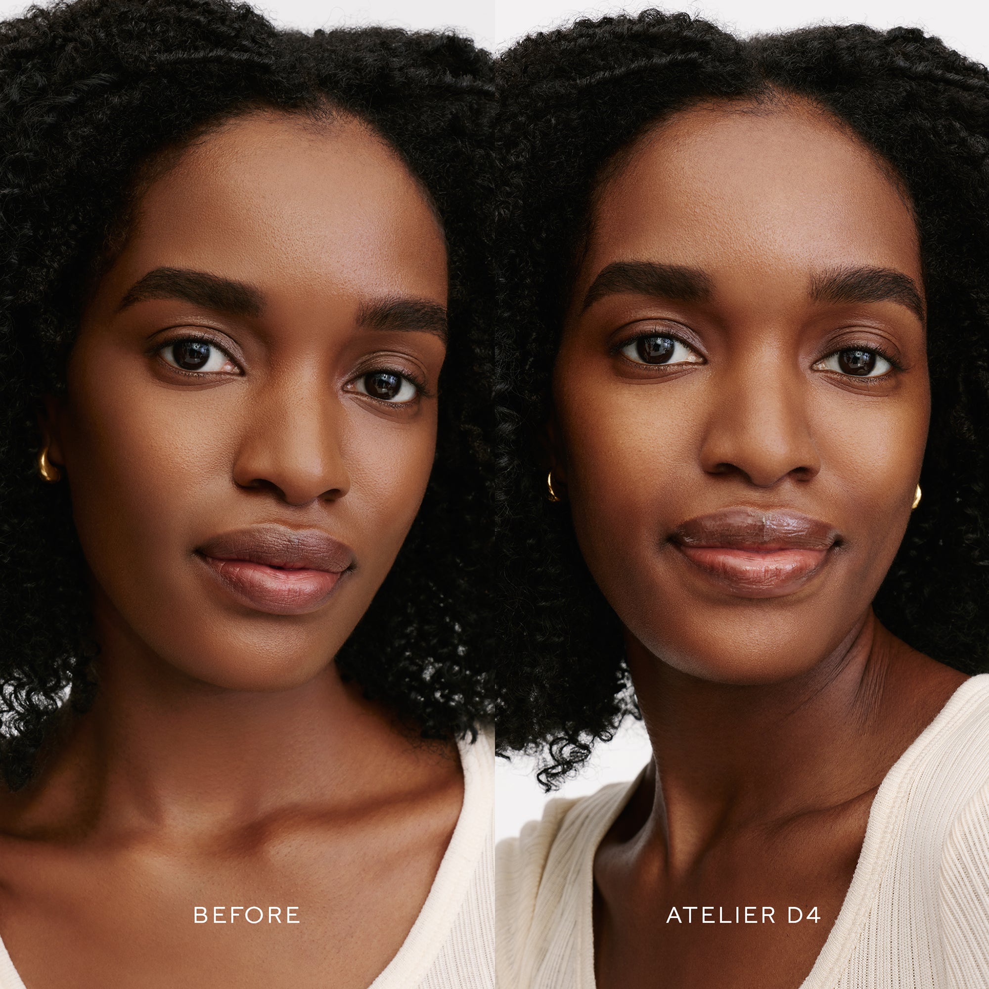 Before & After of a Model wearing the WESTMAN ATELIER Suprême Bio-Complex Liquid Foundation in the shade D4