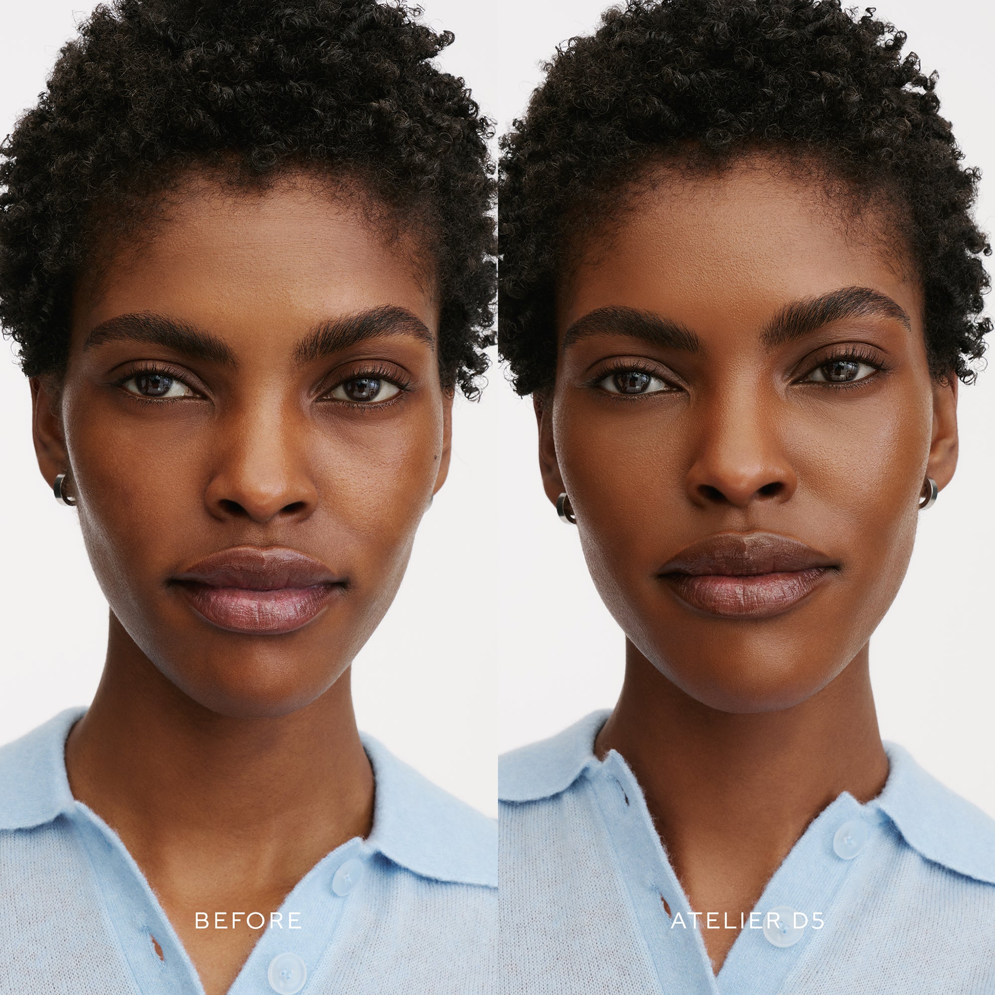 Before & After of a Model wearing the WESTMAN ATELIER Suprême Bio-Complex Liquid Foundation in the shade D5