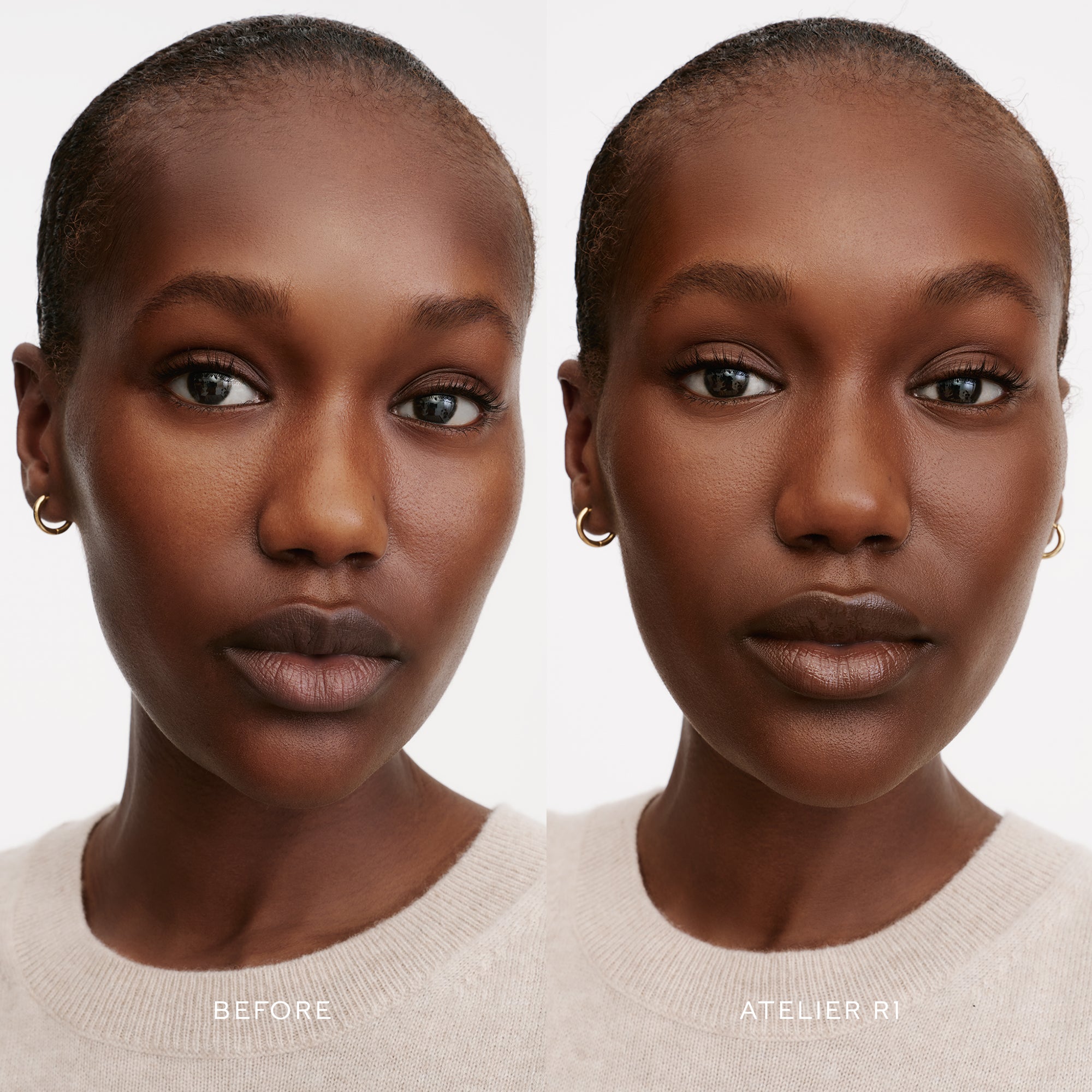 Before & After of a Model wearing the WESTMAN ATELIER Suprême Bio-Complex Liquid Foundation in the shade R1