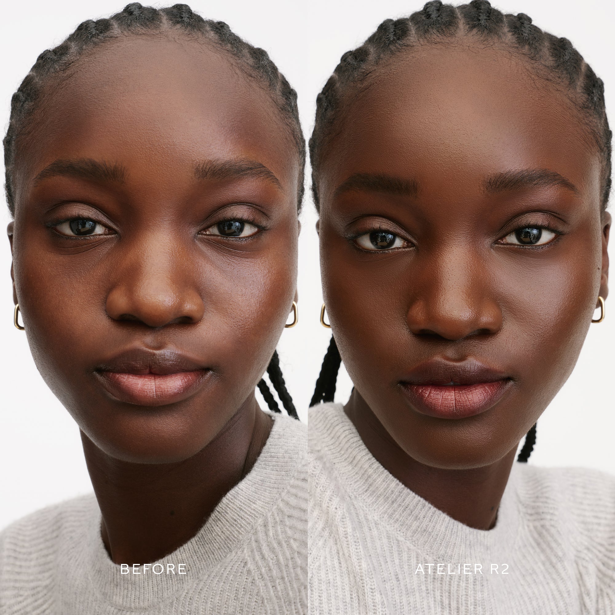 Before & After of a Model wearing the WESTMAN ATELIER Suprême Bio-Complex Liquid Foundation in the shade R2