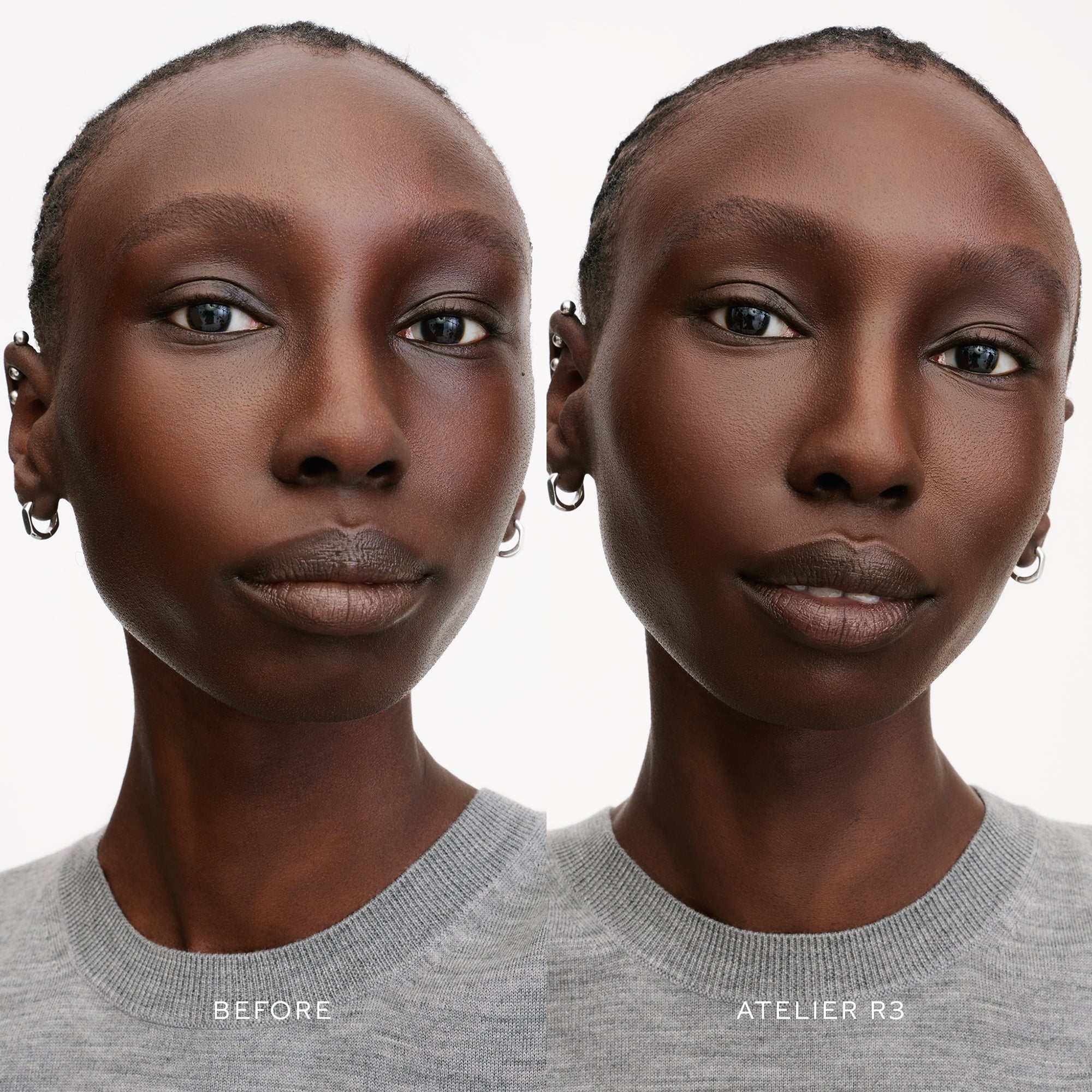Before & After of a Model wearing the WESTMAN ATELIER Suprême Bio-Complex Liquid Foundation in the shade R3