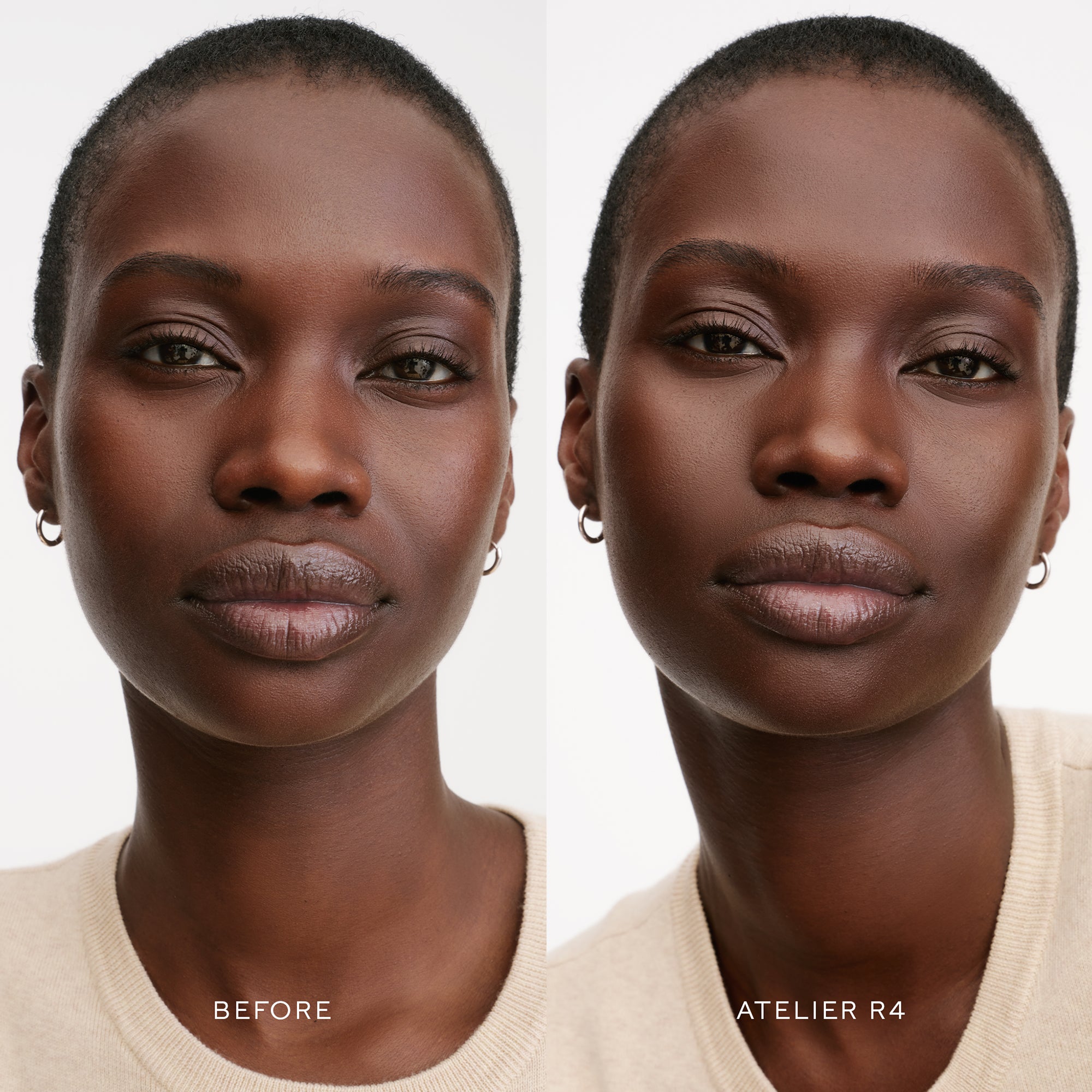 Before & After of a Model wearing the WESTMAN ATELIER Suprême Bio-Complex Liquid Foundation in the shade R4