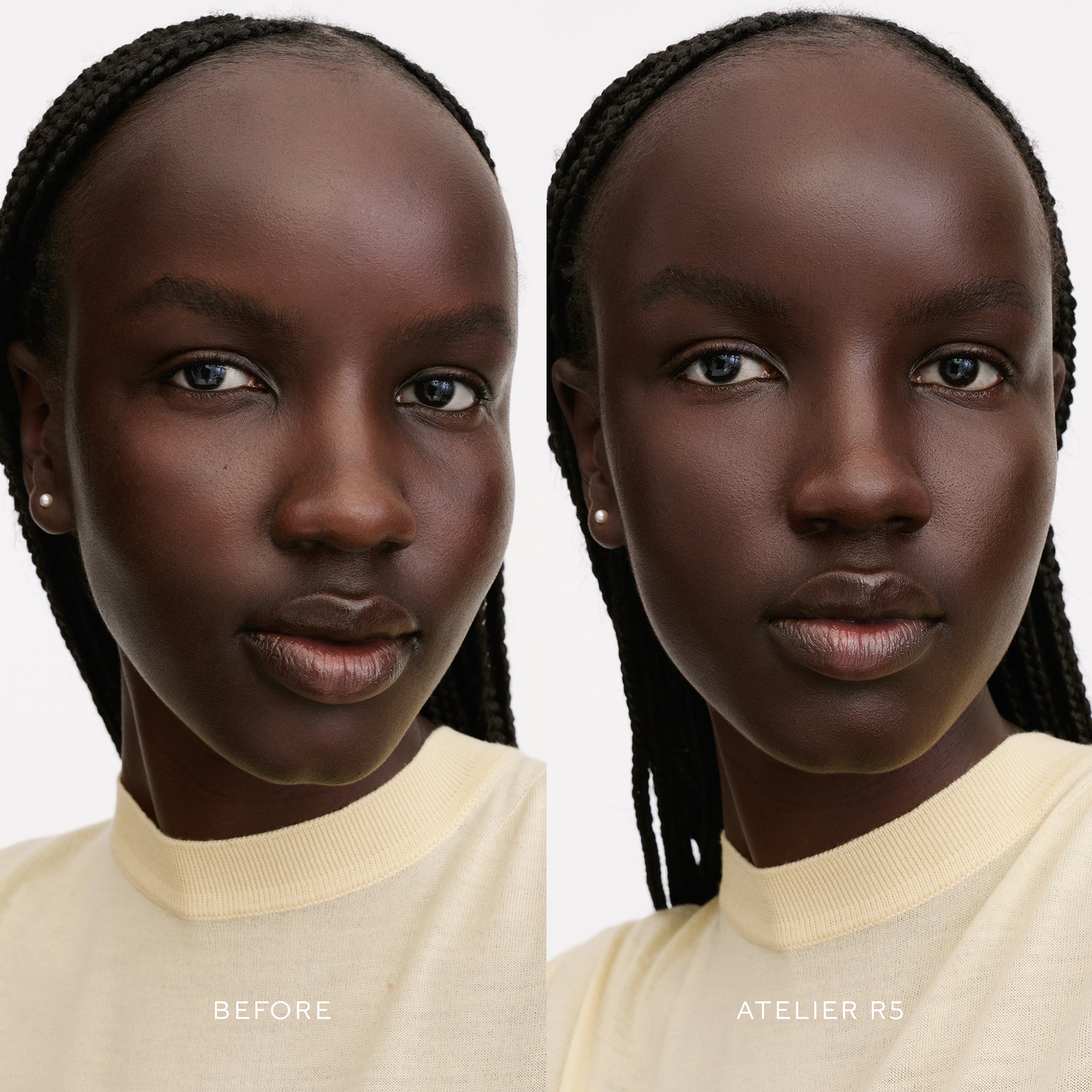 Before & After of a Model wearing the WESTMAN ATELIER Suprême Bio-Complex Liquid Foundation in the shade R5