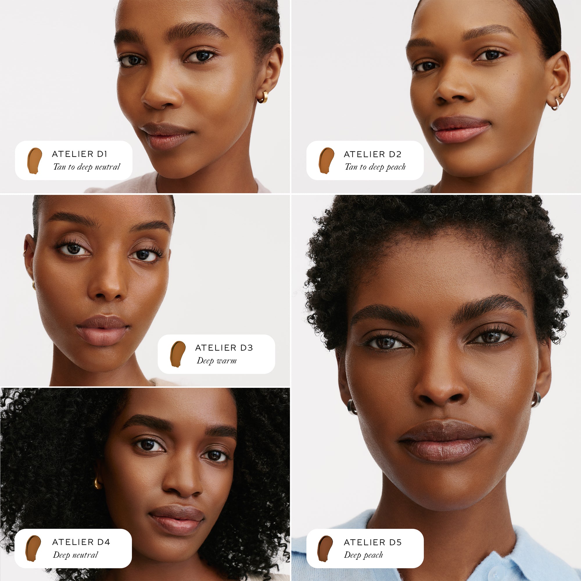 A comparison grid showing five different faces with slight variations in skin tone, each wearing a different WESTMAN ATELIER Suprême Bio-Complex Liquid Foundation in a fair shade, ranging from Atelier D1 to Atelier D5
