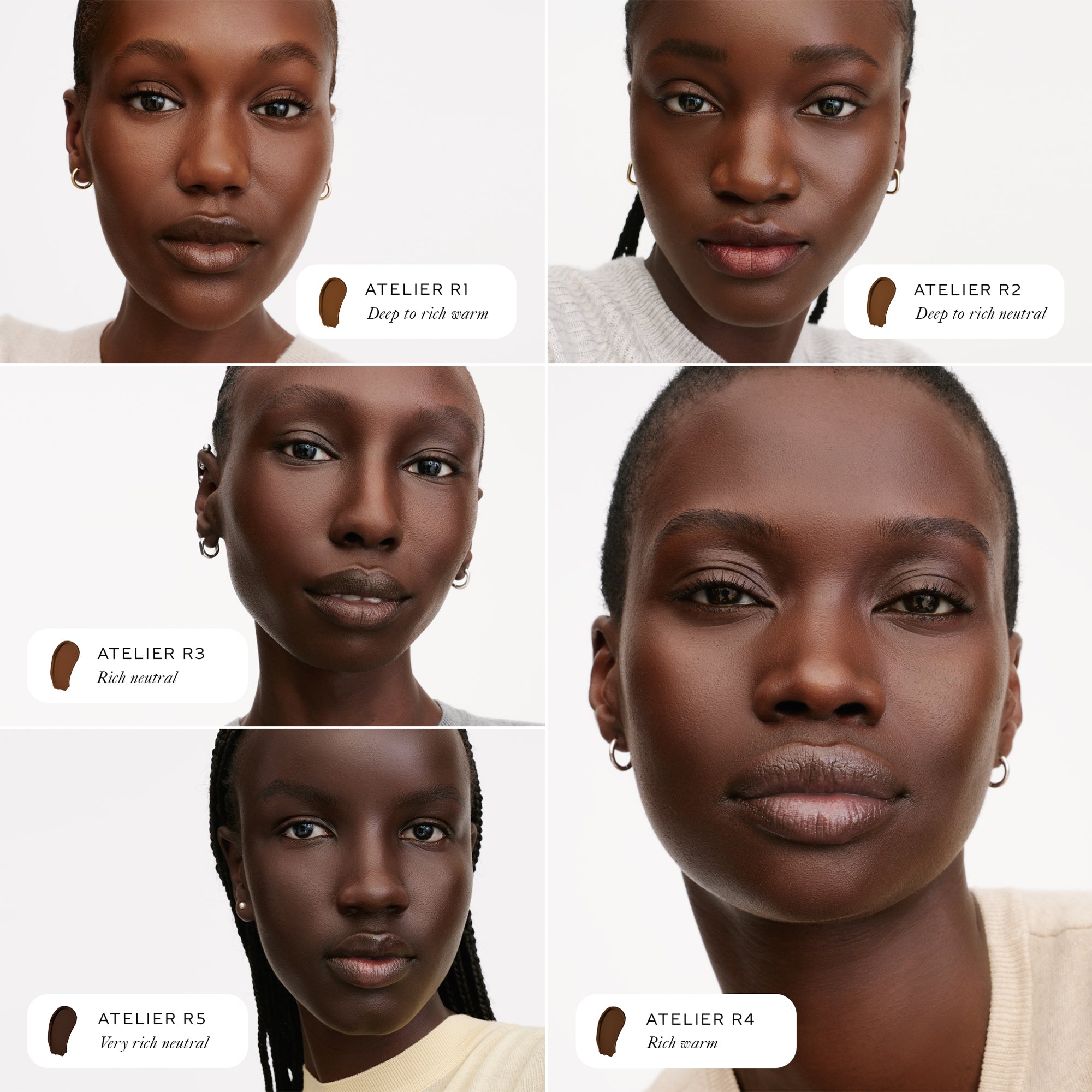 A comparison grid showing five different faces with slight variations in skin tone, each wearing a different WESTMAN ATELIER Suprême Bio-Complex Liquid Foundation in a fair shade, ranging from Atelier R1 to Atelier R5