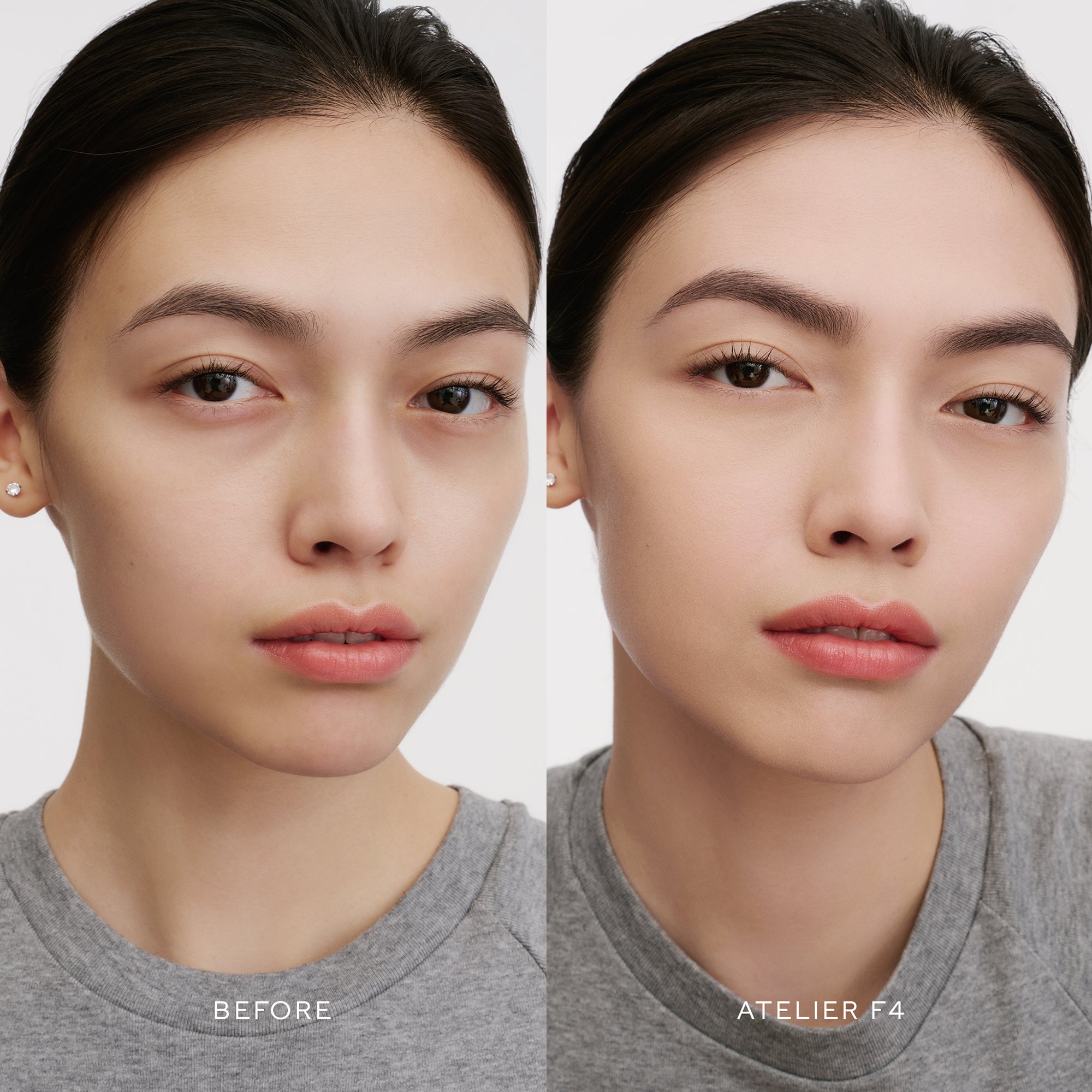 Before & After of a Model wearing the WESTMAN ATELIER Suprême Bio-Complex Liquid Foundation in the shade F4