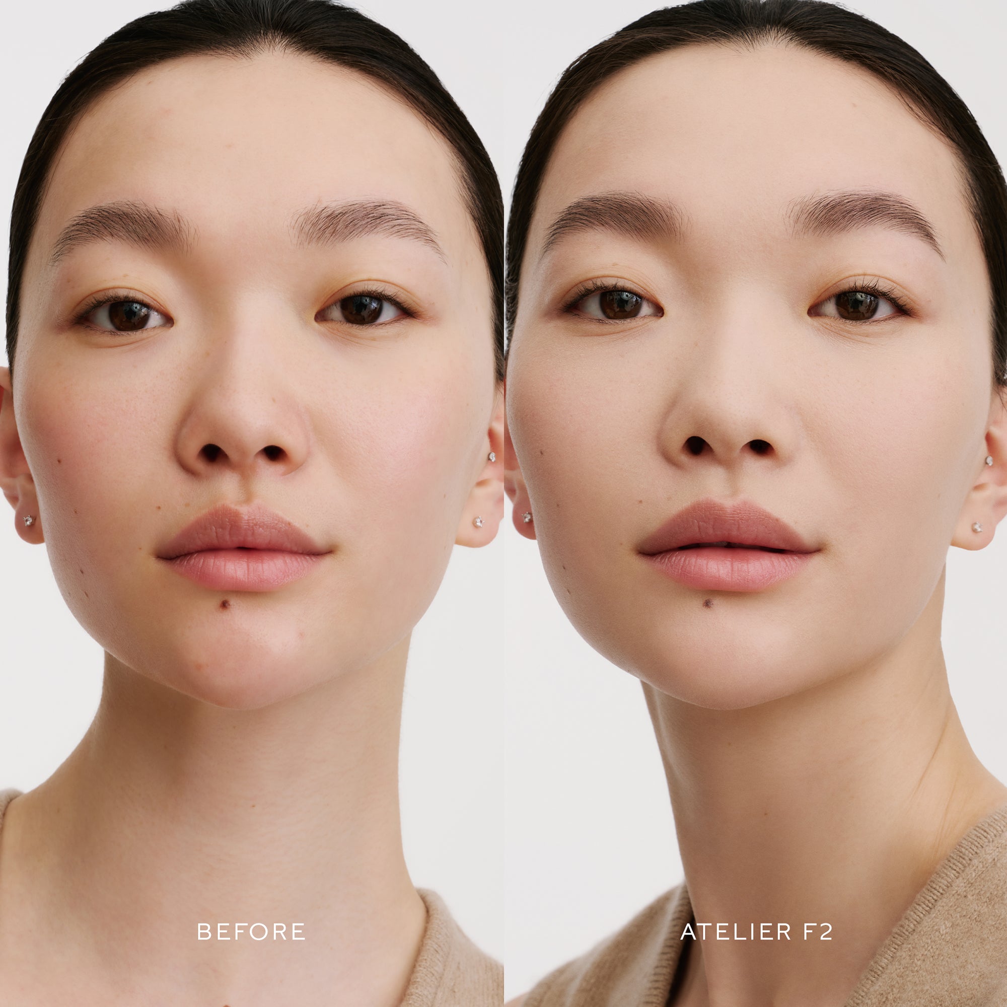 Before & After of a Model wearing the WESTMAN ATELIER Suprême Bio-Complex Liquid Foundation in the shade F2
