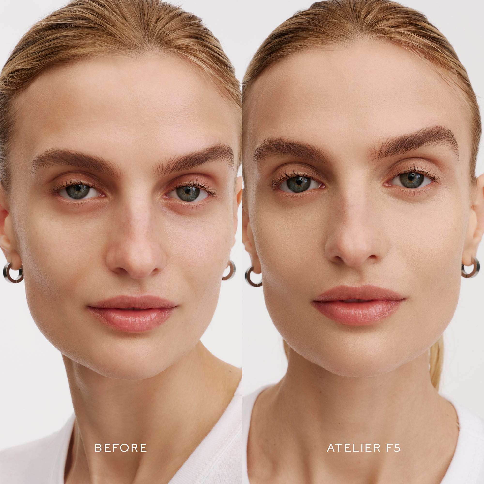 Before & After of a Model wearing the WESTMAN ATELIER Suprême Bio-Complex Liquid Foundation in the shade F5
