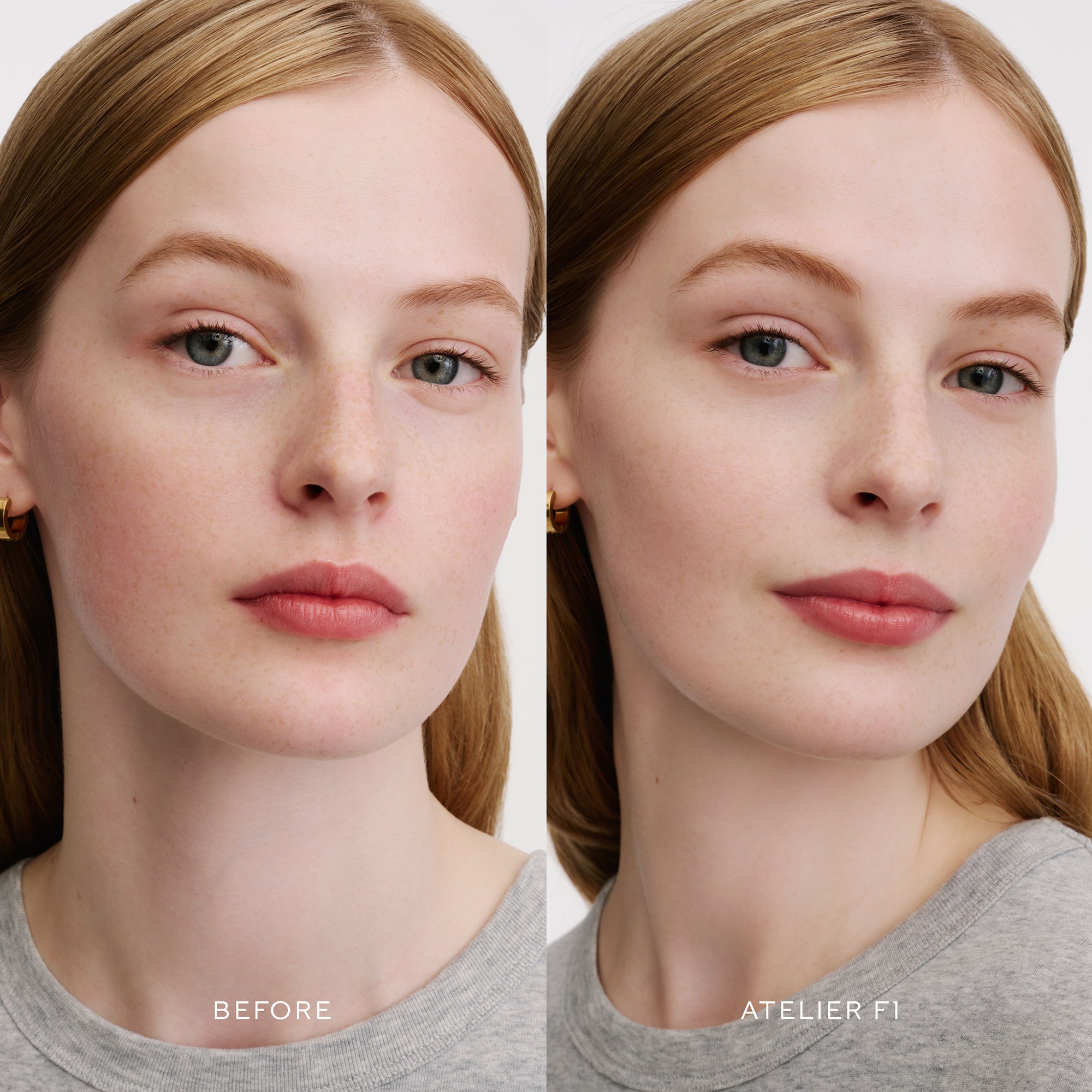 Before & After of a Model wearing the WESTMAN ATELIER Suprême Bio-Complex Liquid Foundation in the shade F1