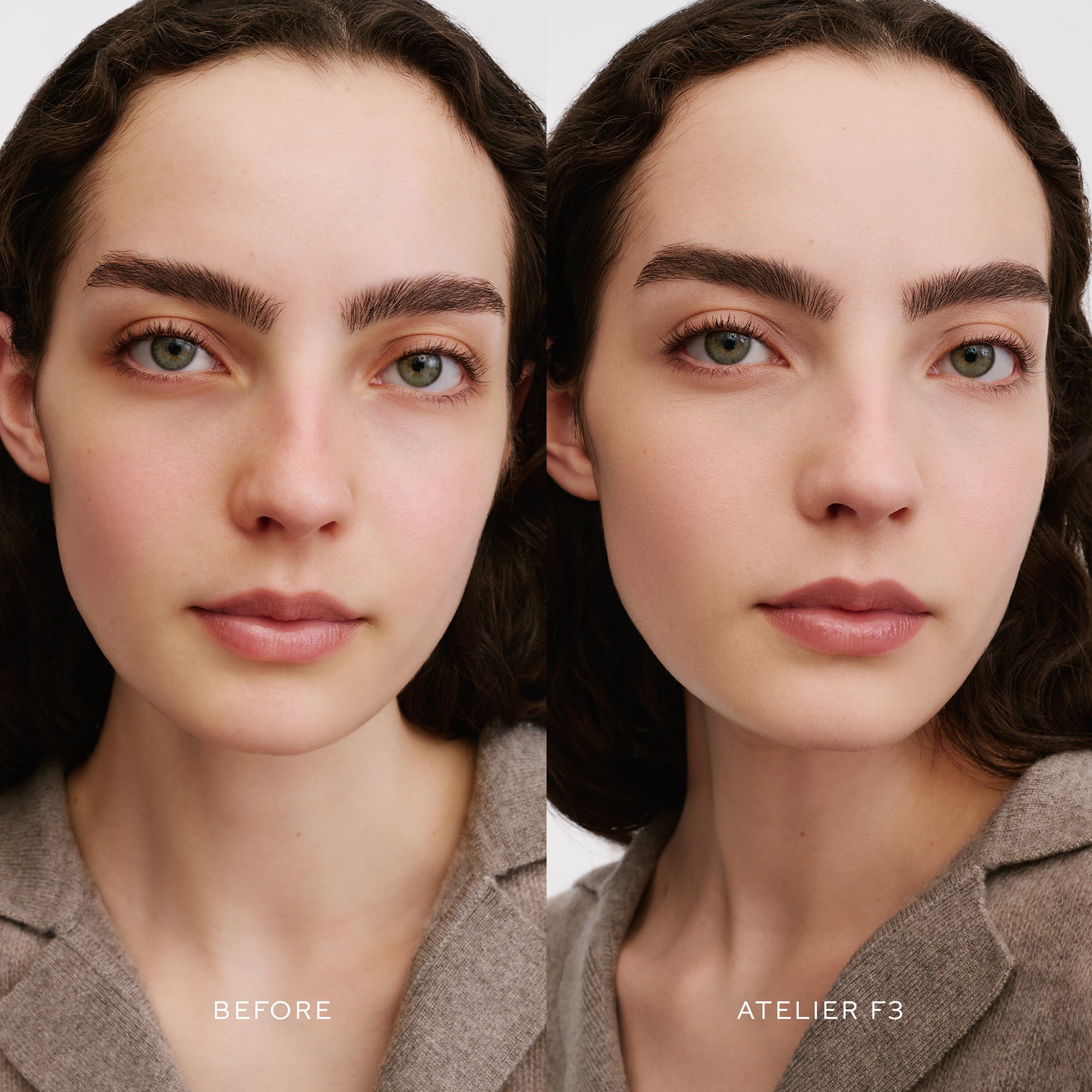 Before & After of a Model wearing the WESTMAN ATELIER Suprême Bio-Complex Liquid Foundation in the shade F3
