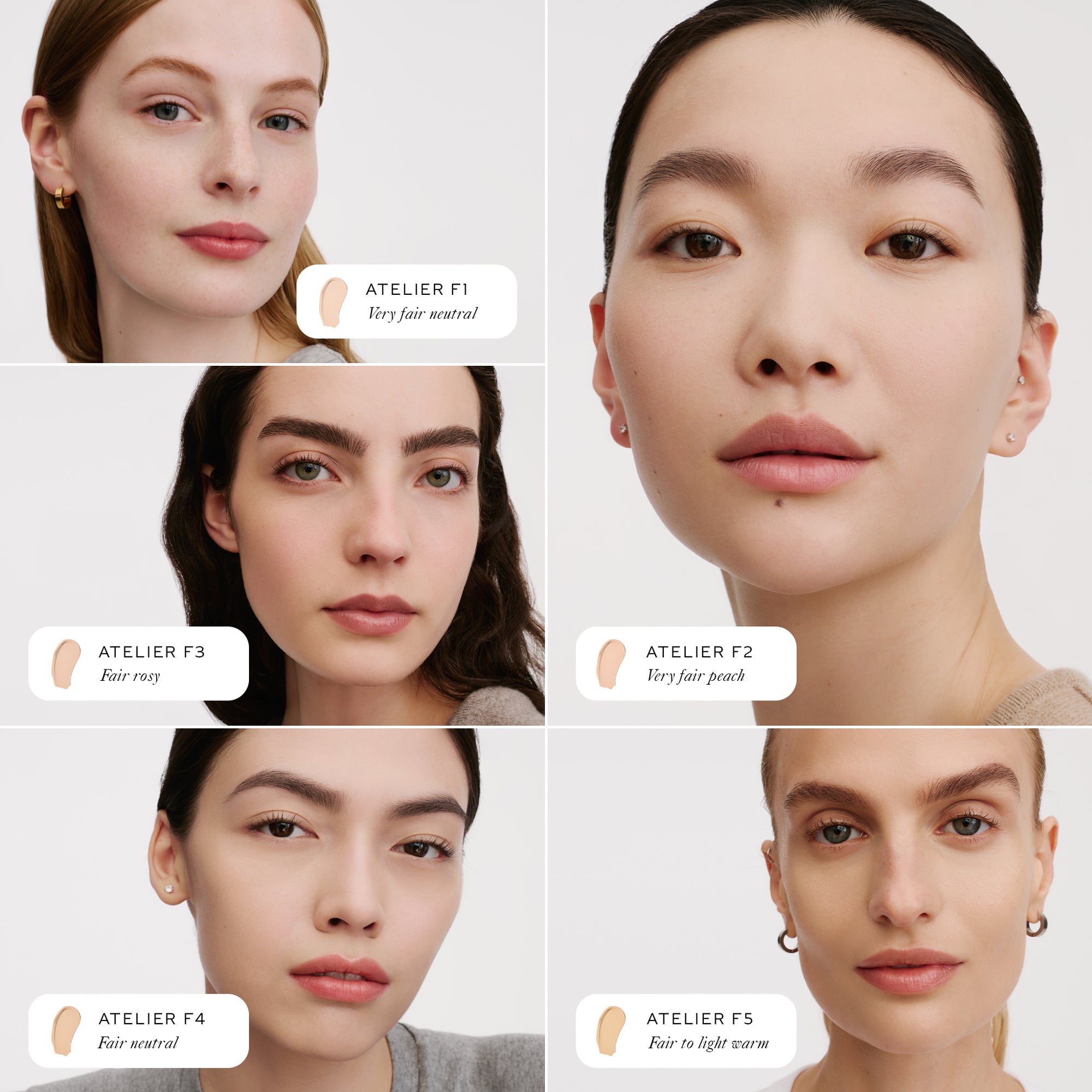 A comparison grid showing five different faces with slight variations in skin tone, each wearing a different WESTMAN ATELIER Suprême Bio-Complex Liquid Foundation in a fair shade, ranging from Atelier F1 to Atelier F5. 