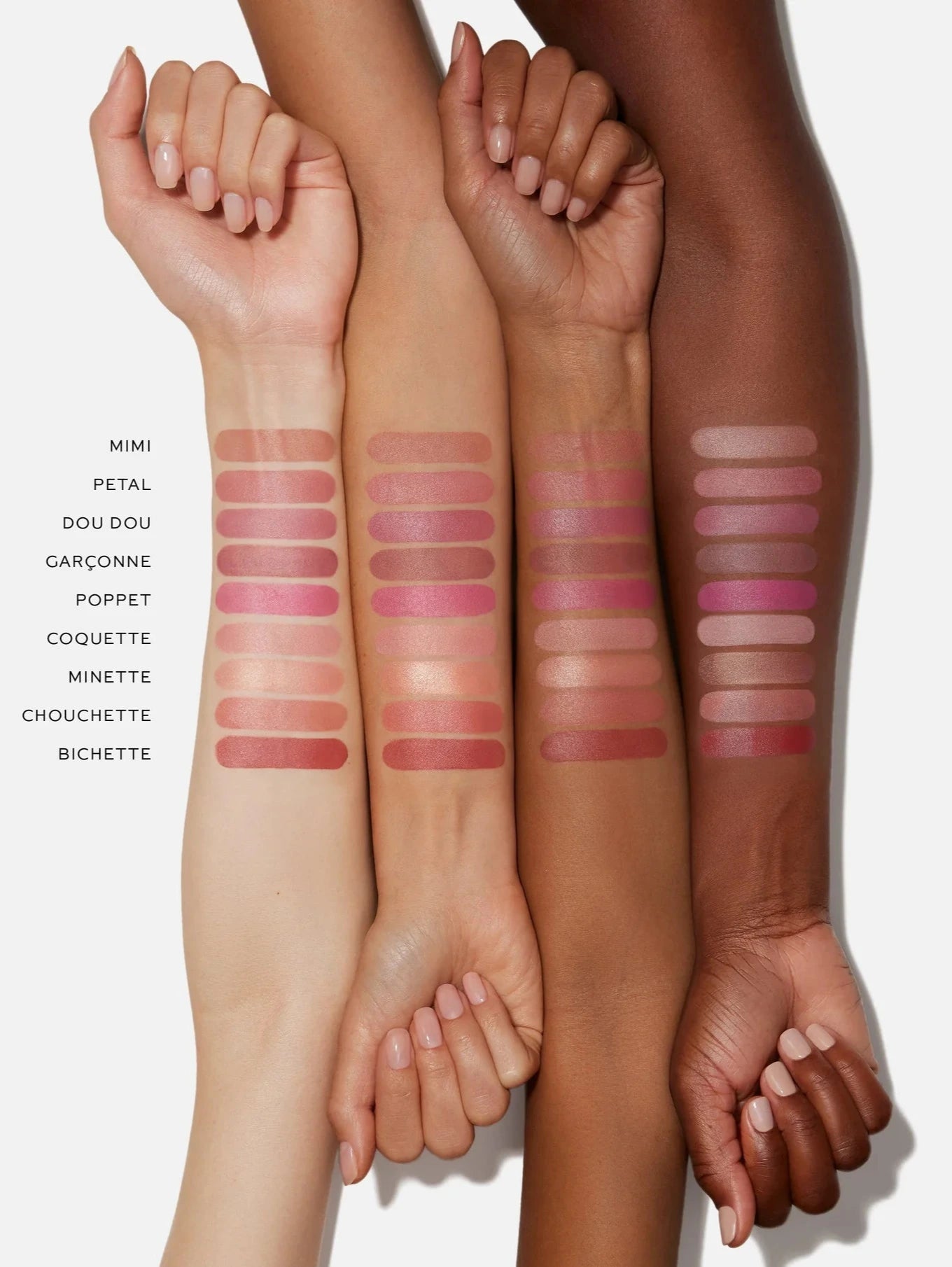Westman Atelier Baby Cheeks Blush Stick arm swatches in eight shades