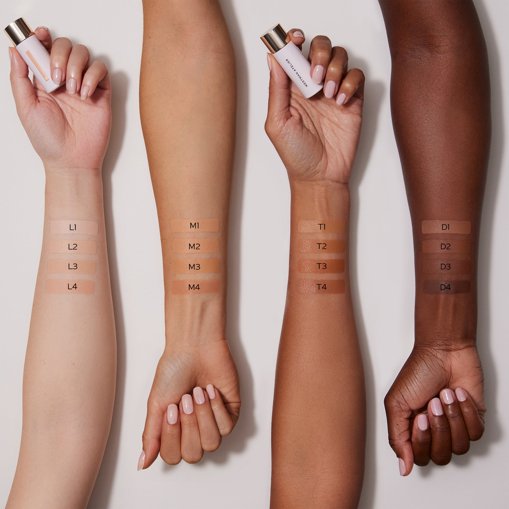 WESTMAN ATELIER Vital Skincare Concealer swatches on four arms