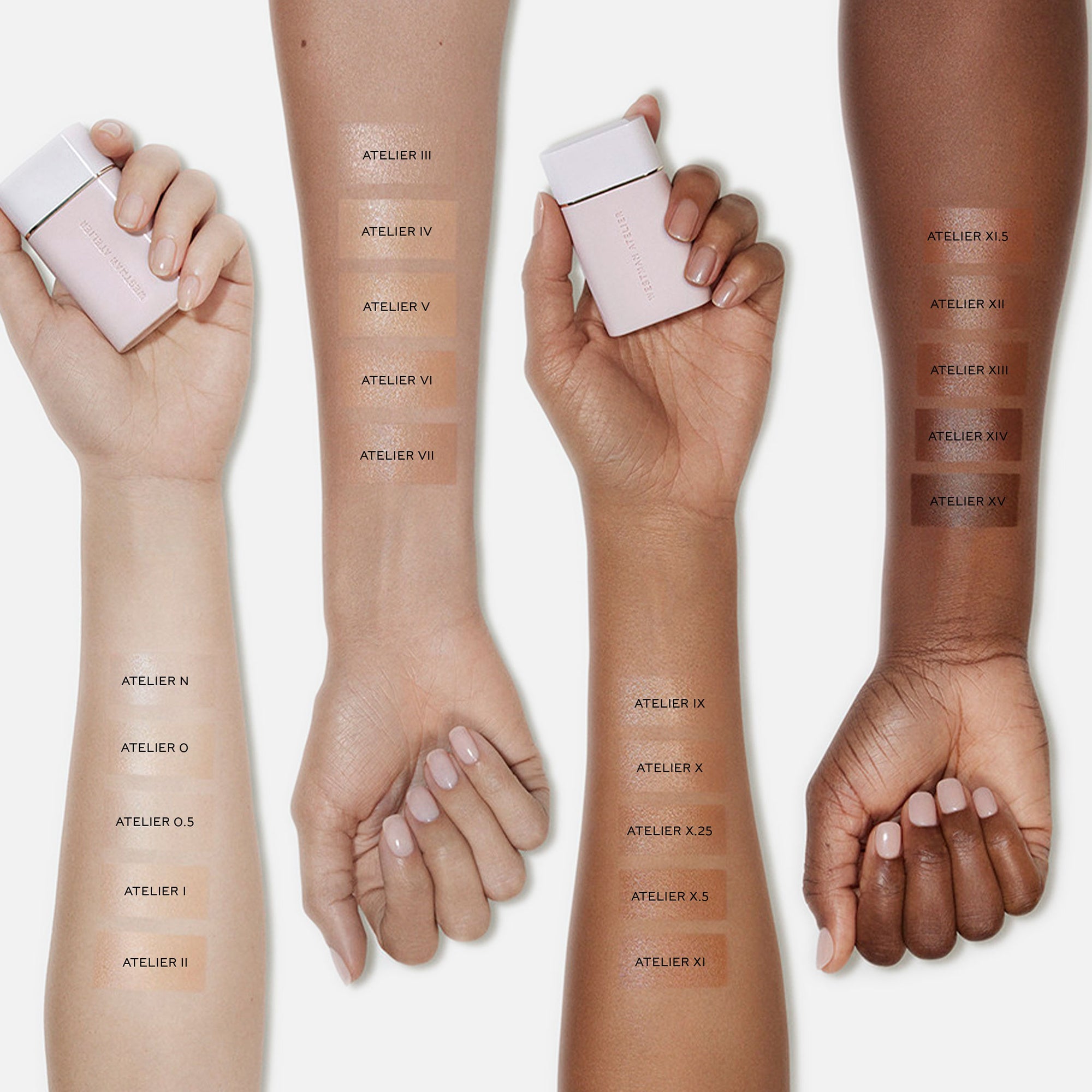WestmanAtelier Vital Skincare Complexion Drops swatched on four arms