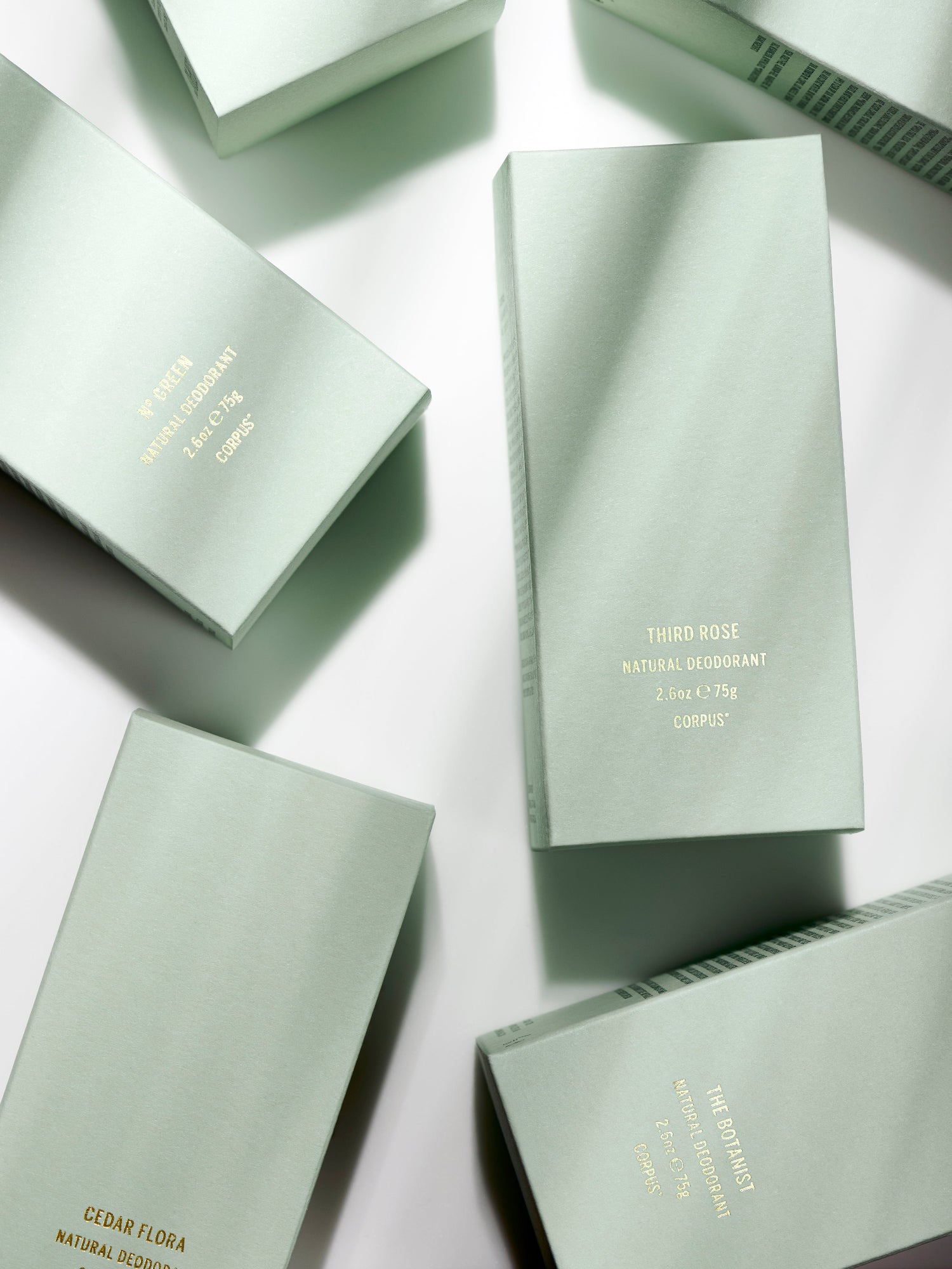 Corpus natural deodorant stick packaging in N Green Vert, Santalum and Third Rose