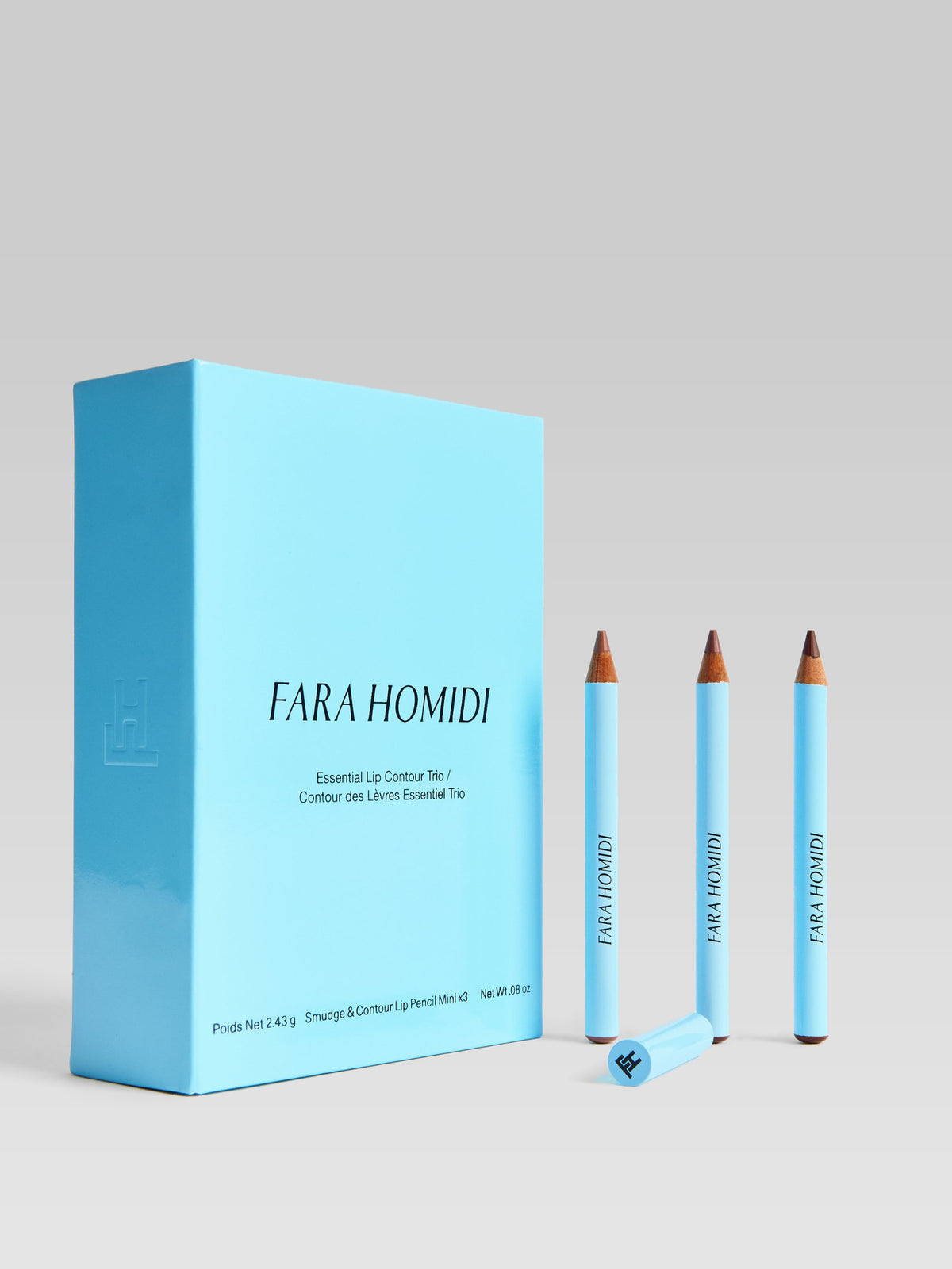 FARA HOMIDI Essential Lip Contour Trio with three lip pencils and packaging