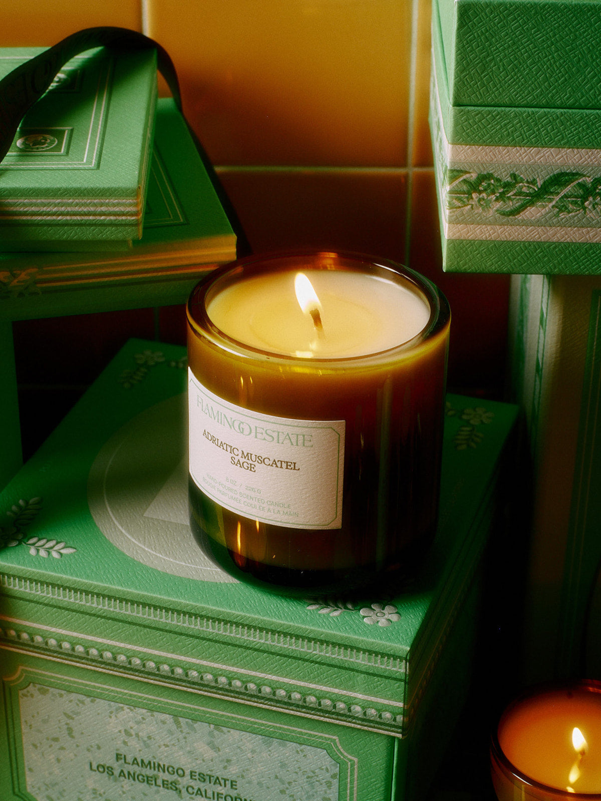 Flamingo Estate Adriatic Muscatel Sage Candle displayed on green packaging in a warm, ambient setting
