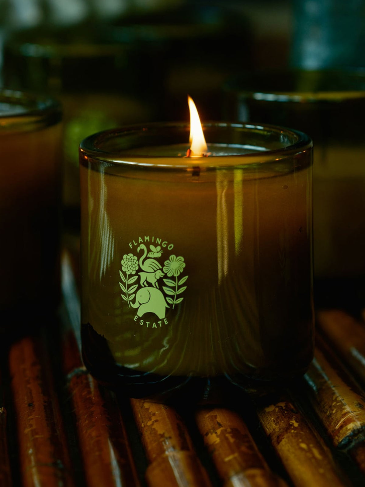 Lit Flamingo Estate Adriatic Muscatel Sage scented candle in an olive-green glass vessel