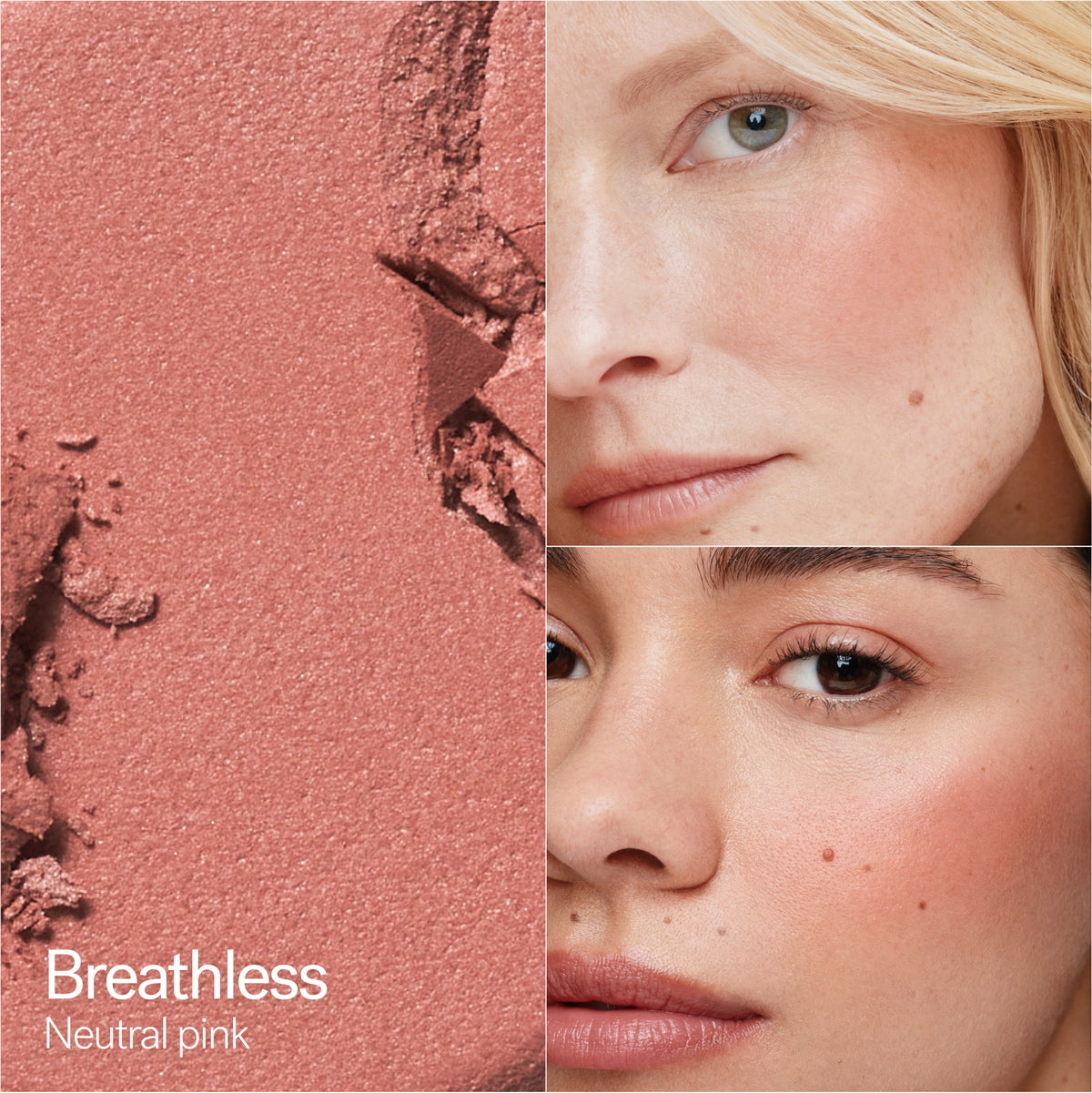 ILIA Beauty Soft Focus Blurring Blush in Breathless, a neutral pink shade shown on two models alongside the blush texture