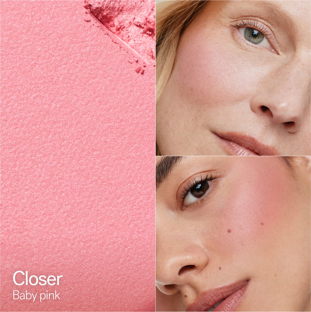 ILIA Beauty Soft Focus Blurring Blush in Closer, a baby pink blush shade shown alongside two models