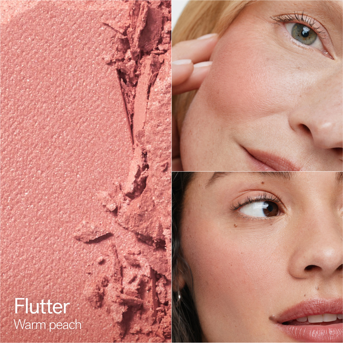 ILIA Beauty Soft Focus Blurring Blush in Flutter, a warm peach blush shade shown with two models wearing the color