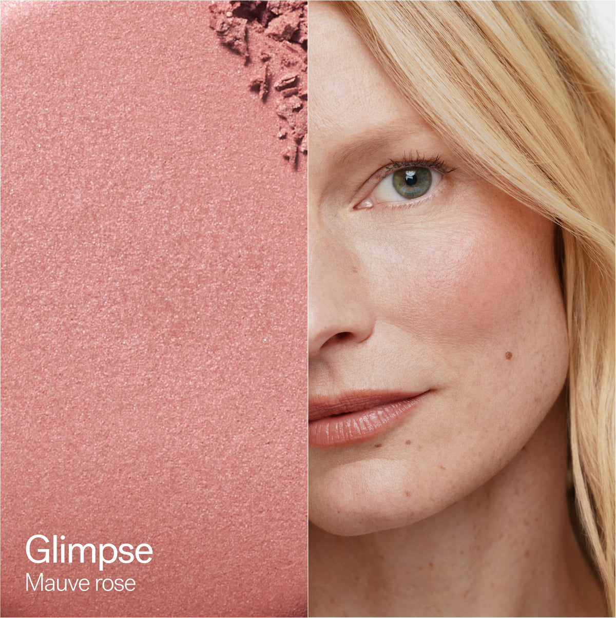 ILIA Beauty Soft Focus Blurring Blush in Glimpse, a mauve rose shade shown alongside a model wearing the blush