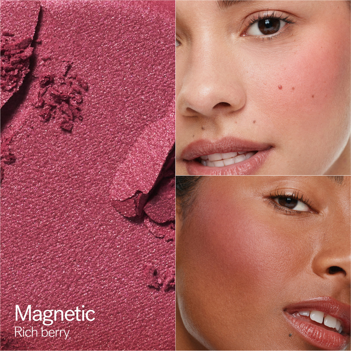 ILIA Beauty Soft Focus Blurring Blush in Magnetic, a rich berry shade shown alongside two models wearing the blush