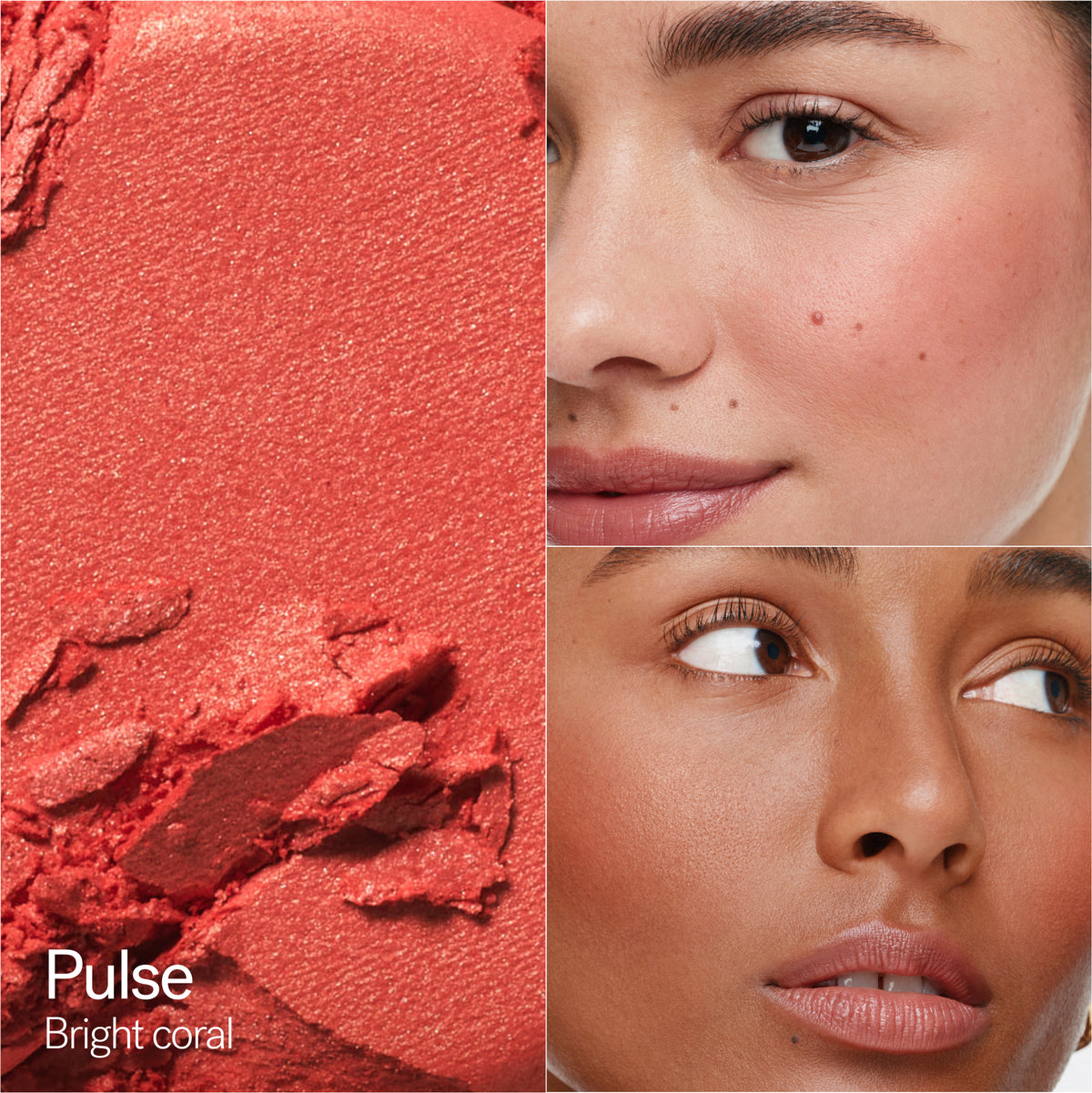 ILIA Beauty Soft Focus Blurring Blush in Pulse, a bright coral shade shown alongside two models wearing the blush