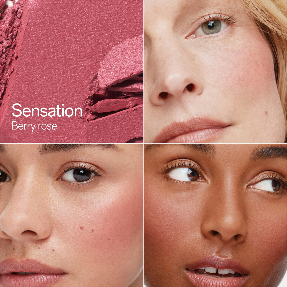 ILIA Beauty Soft Focus Blurring Blush in Sensation, a berry rose shade shown on three models with different skin tones