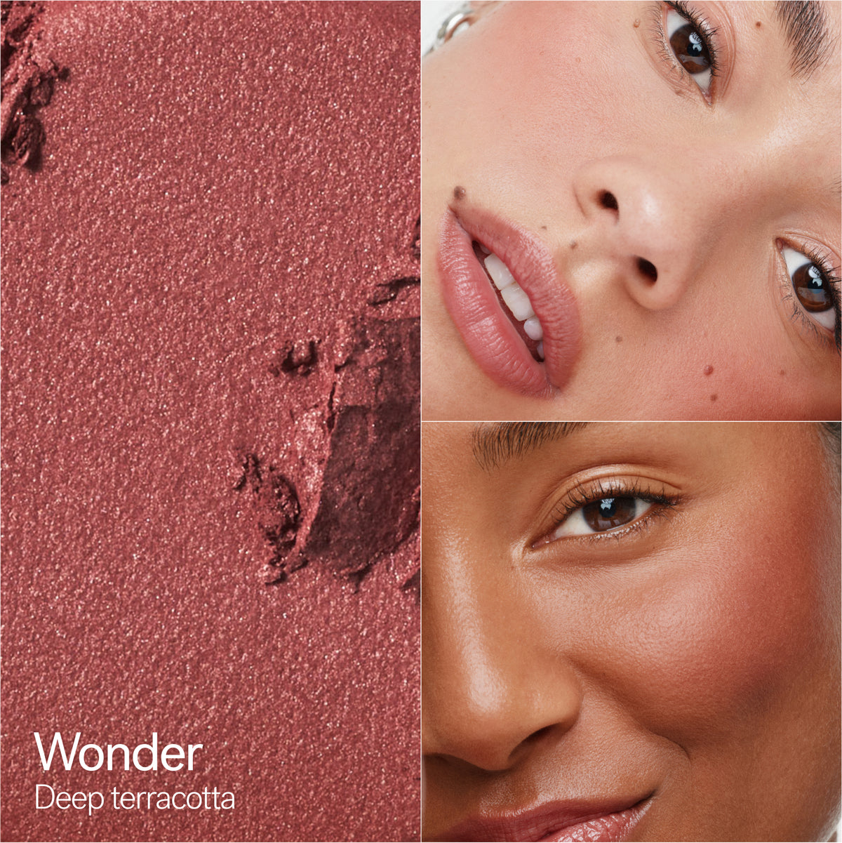 ILIA Beauty Soft Focus Blurring Blush in Wonder, a deep terracotta shade shown on two models with different skin tones