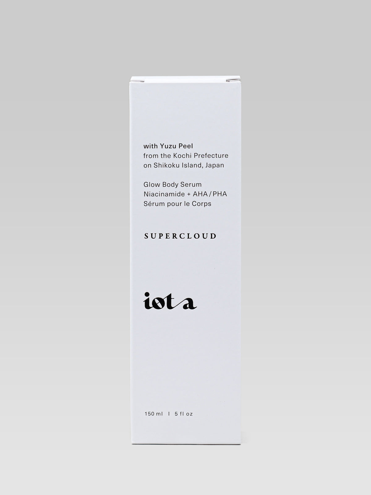 IOTA Supercloud+ Body Serum packaging with Yuzu Peel, Niacinamide and AHA/PHA