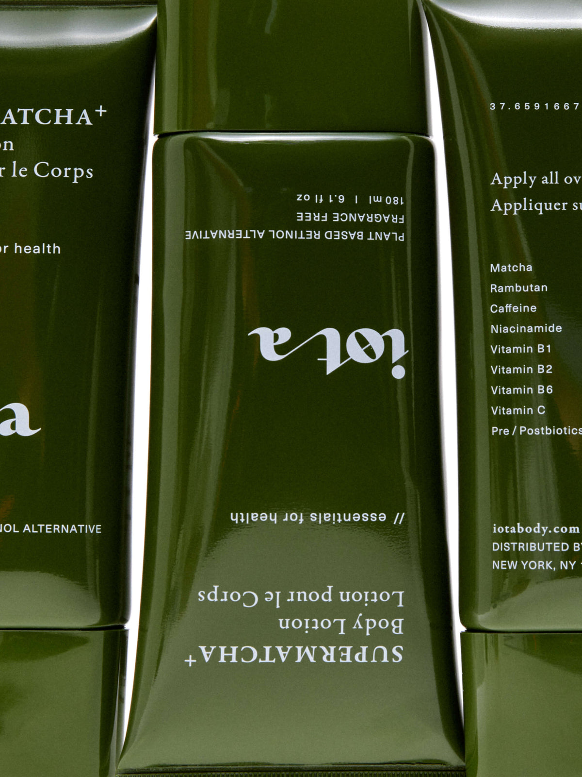 IOTA Supermatcha+ Body Lotion in green tube, lifestyle product image