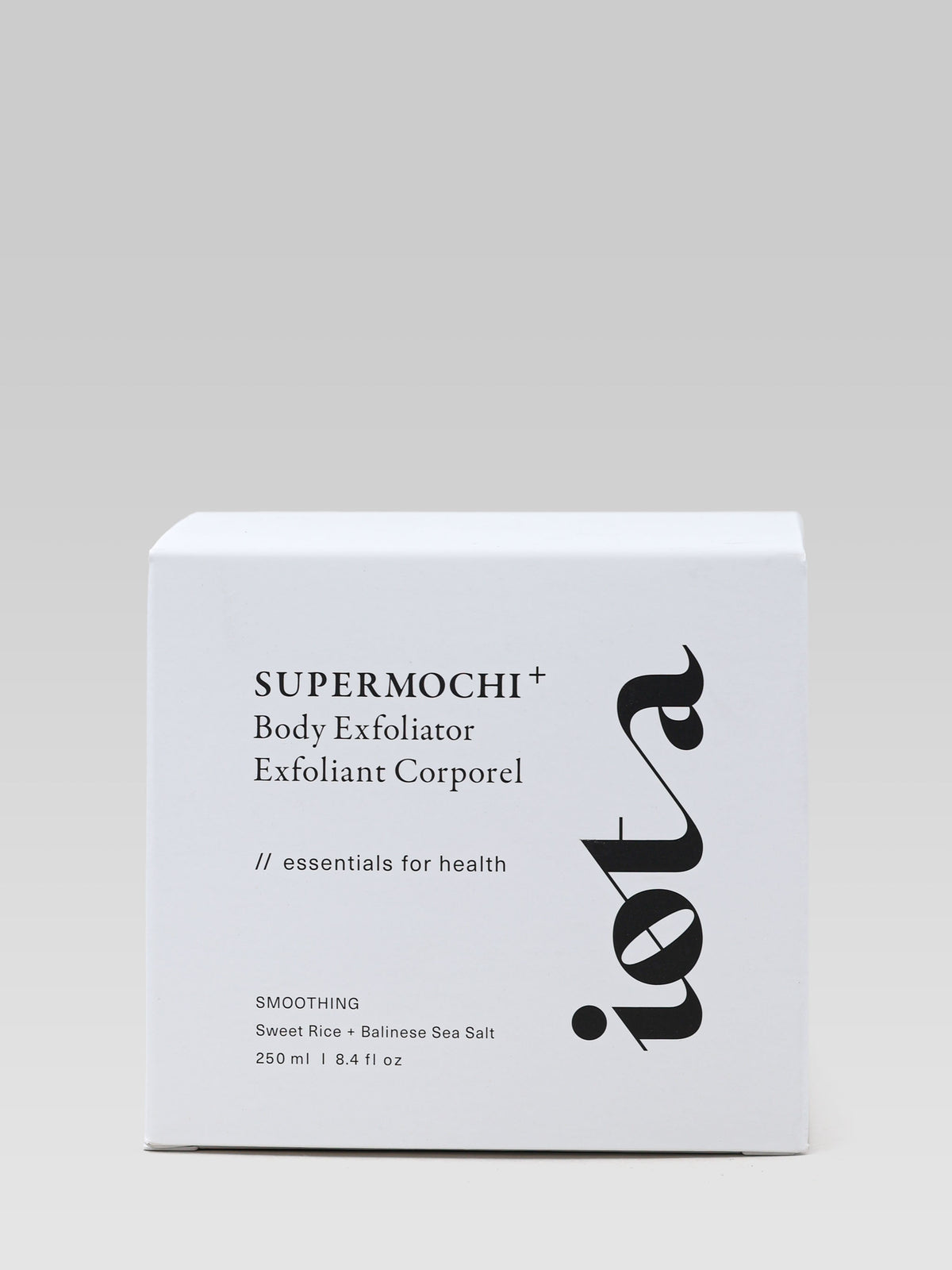 IOTA Supermochi+ Body Exfoliator packaging with sweet rice and Balinese sea salt