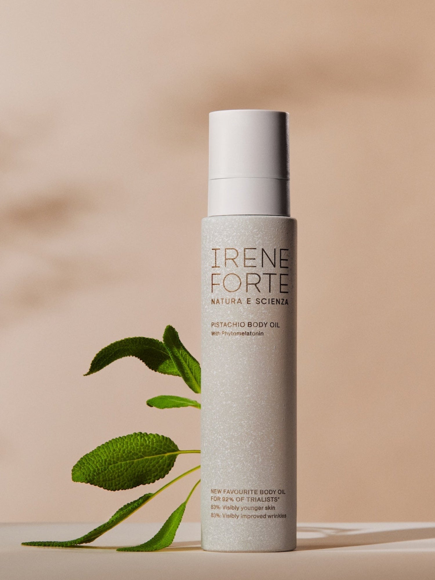 IRENE FORTE Pistachio Body Oil with pistachio leaves