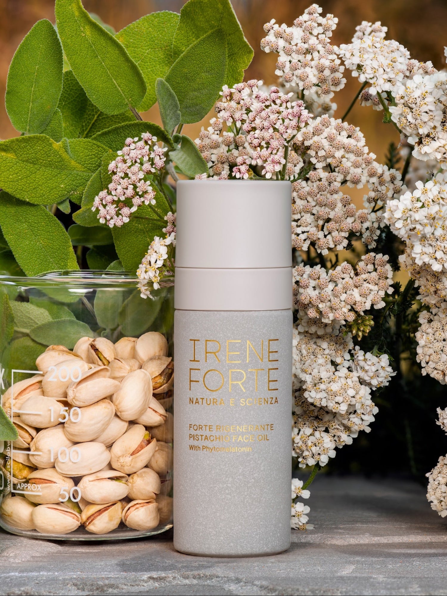 Irene Forte Pistachio Face Oil with pistachios and flowers