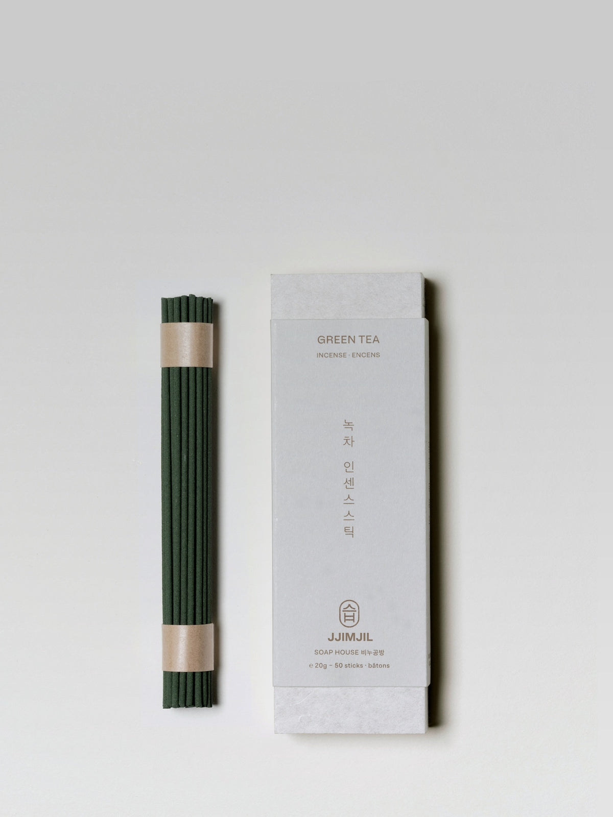 JJIMJIL Green Tea Incense sticks in green and white packaging, presented against a clean white background