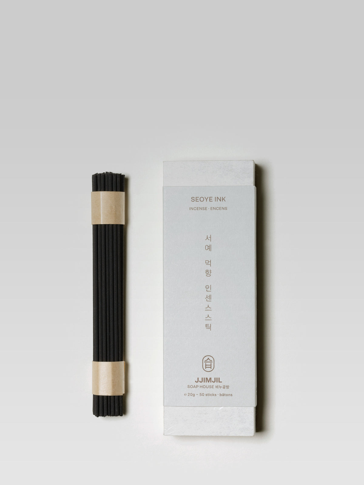 JJIMJIL Seoye Ink Incense sticks beside the white product box with traditional Korean-inspired packaging