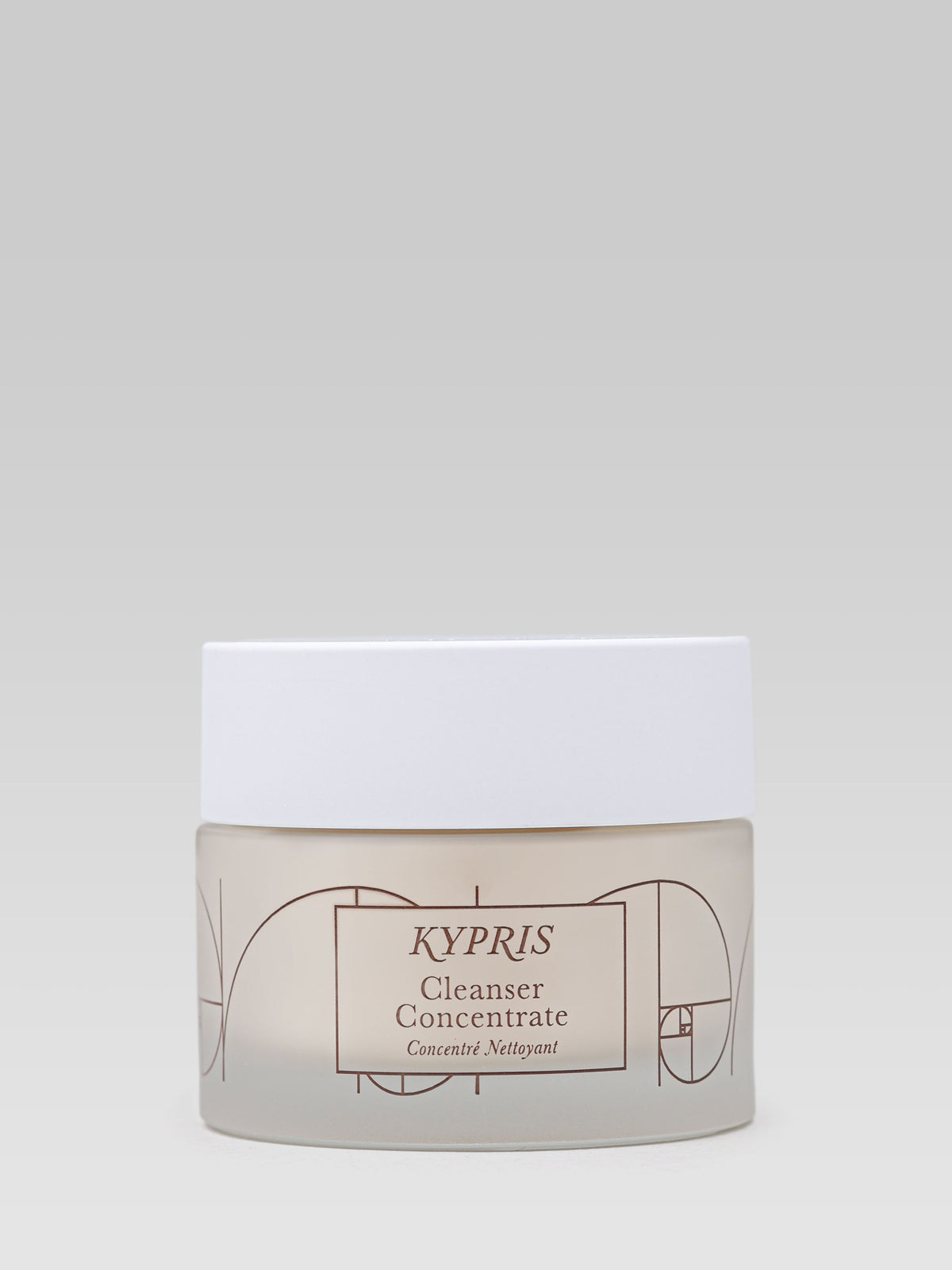 KYPRIS Cleanser Concentrate facial cleanser in a white jar with a white lid and minimalist brown lettering.