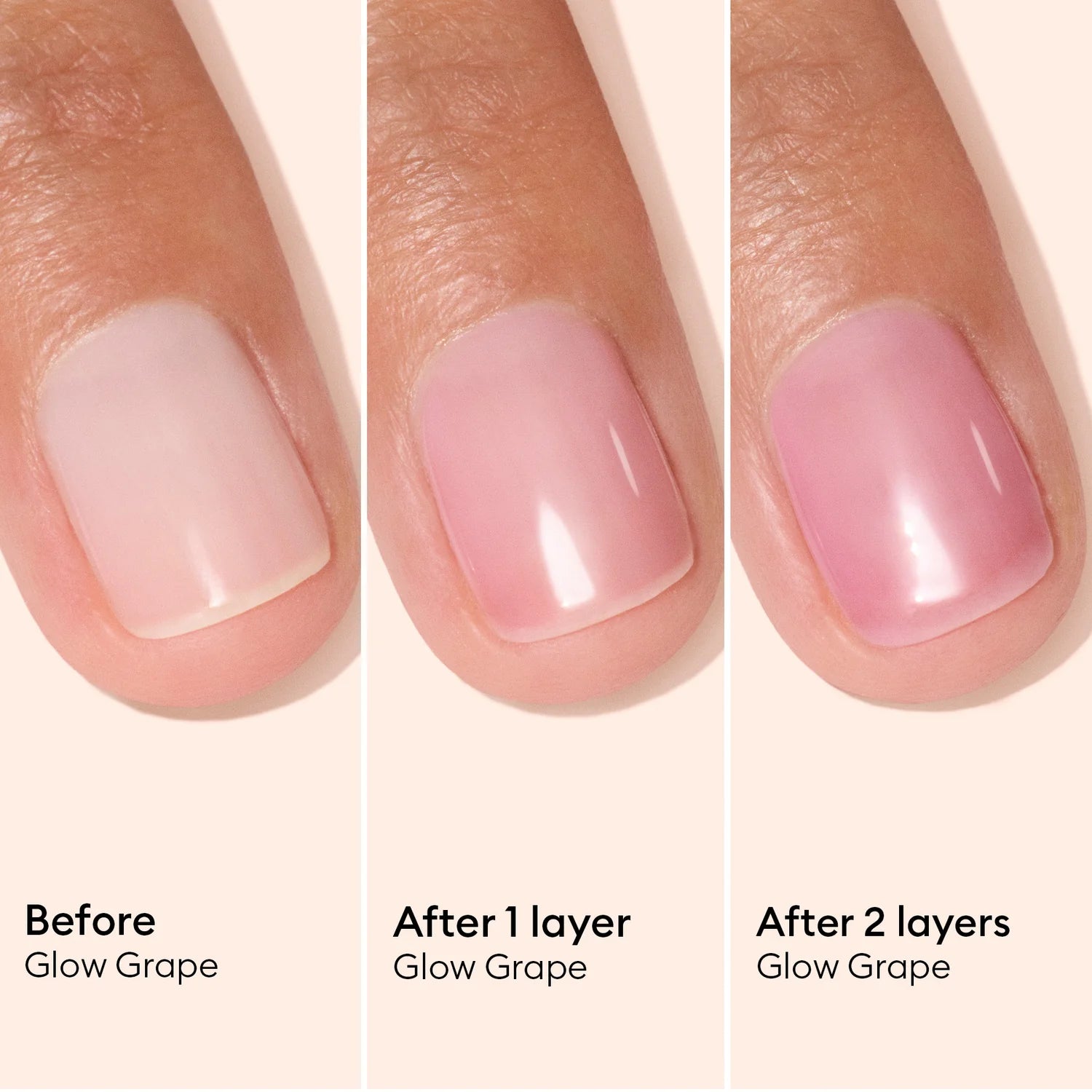MANUCURIST Active Glow Grape nail polish swatch showing before, one layer and two layers