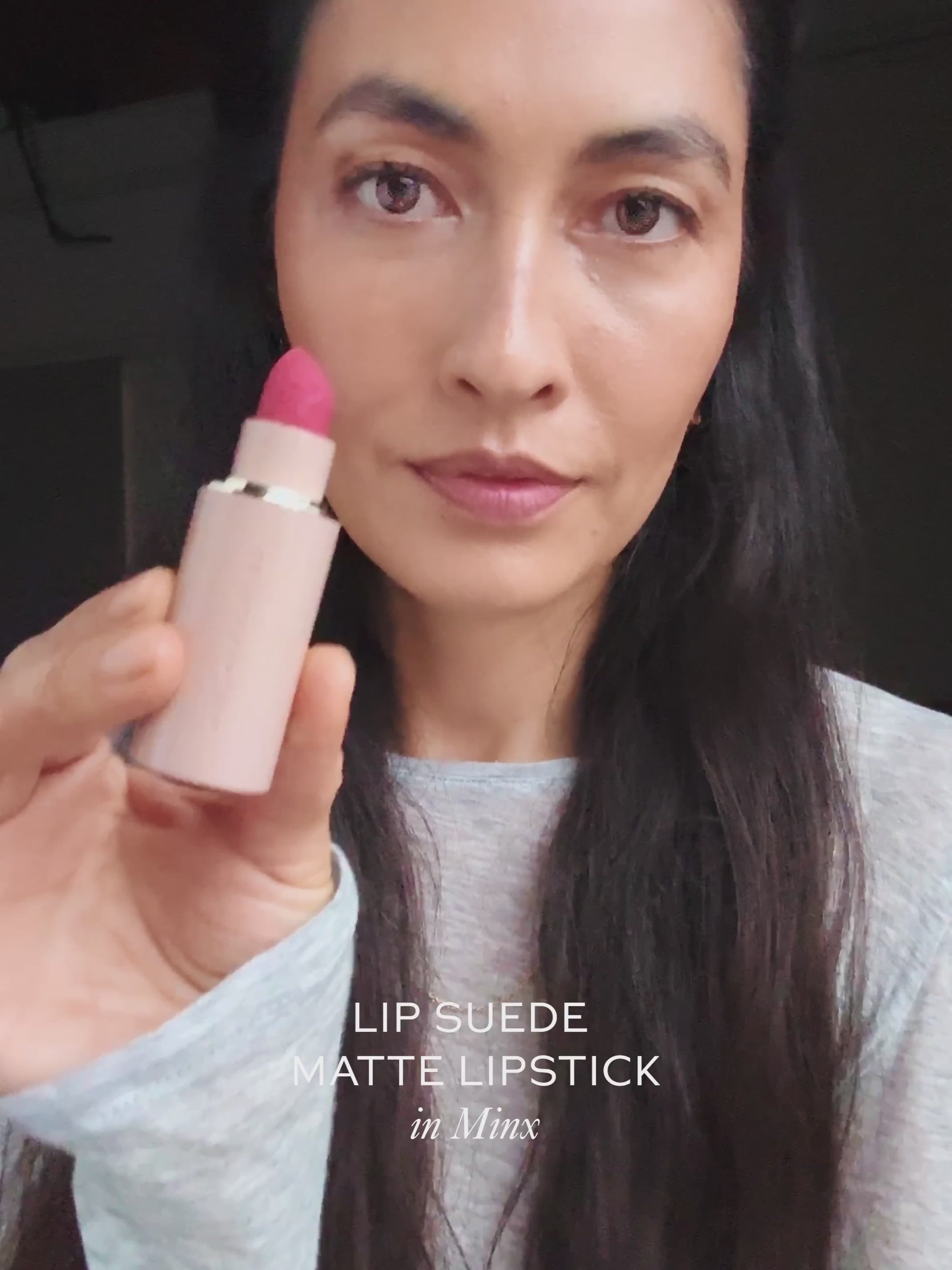 Westman Atelier Lip Suede Matte Lipstick in Jessica Mau applied to lips