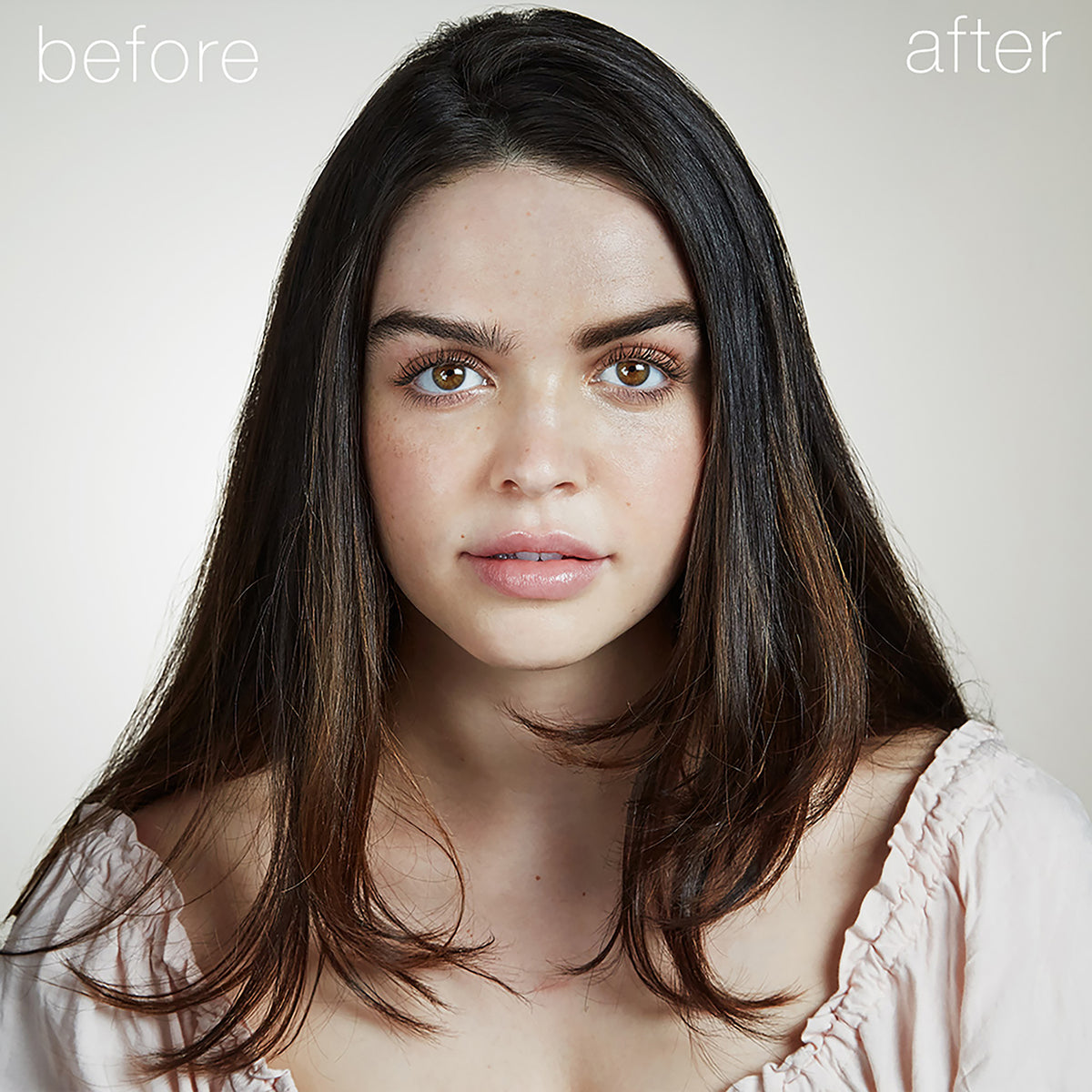 Before-and-after result of RMS Beauty Back2Brow Powder in Dark on a brunette model