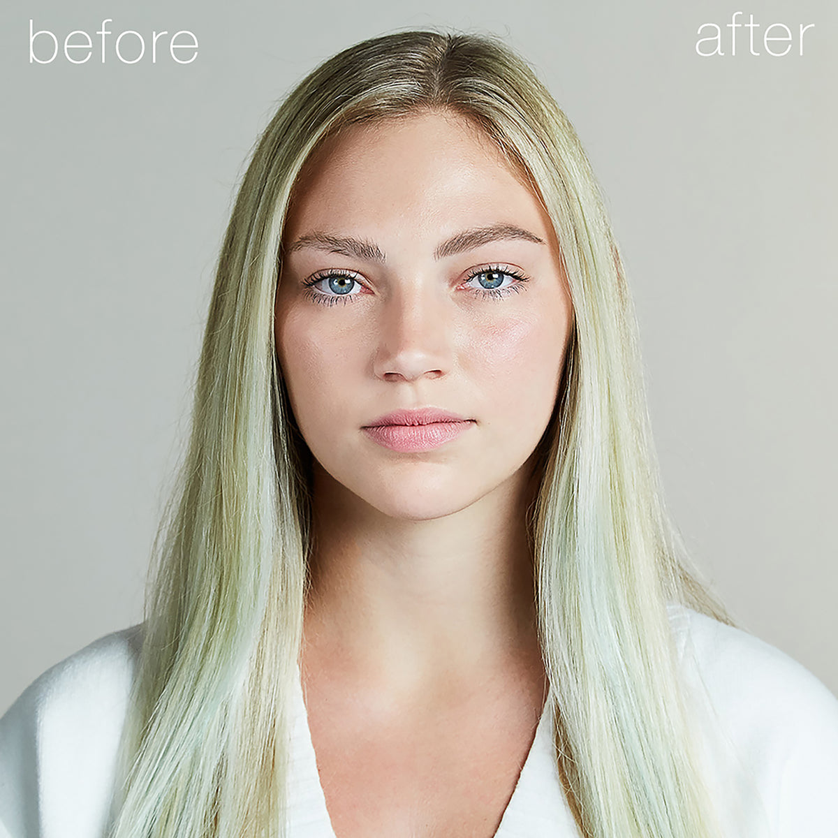 Before-and-after result of RMS Beauty Back2Brow Powder in Light on blonde eyebrows