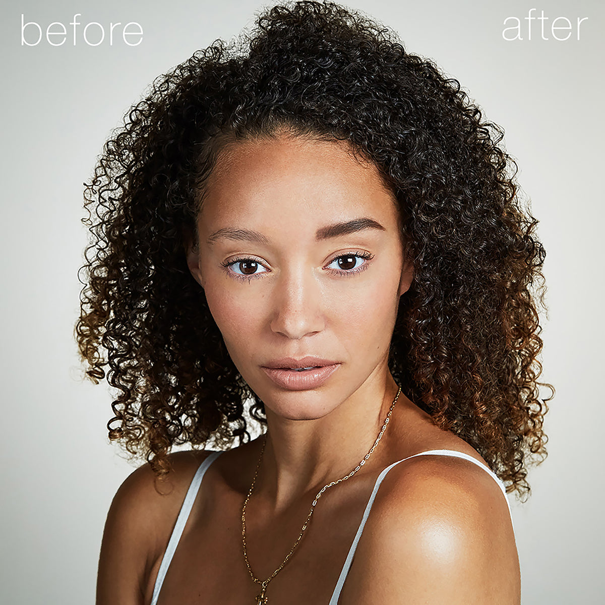 Before-and-after result of RMS Beauty Back2Brow Powder in Medium on a brunette model